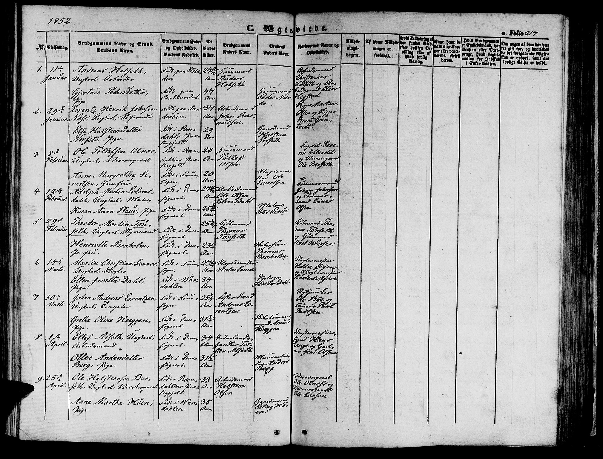 Ministerialprotokoller, klokkerbøker og fødselsregistre - Sør-Trøndelag, SAT/A-1456/602/L0137: Parish register (copy) no. 602C05, 1846-1856, p. 217