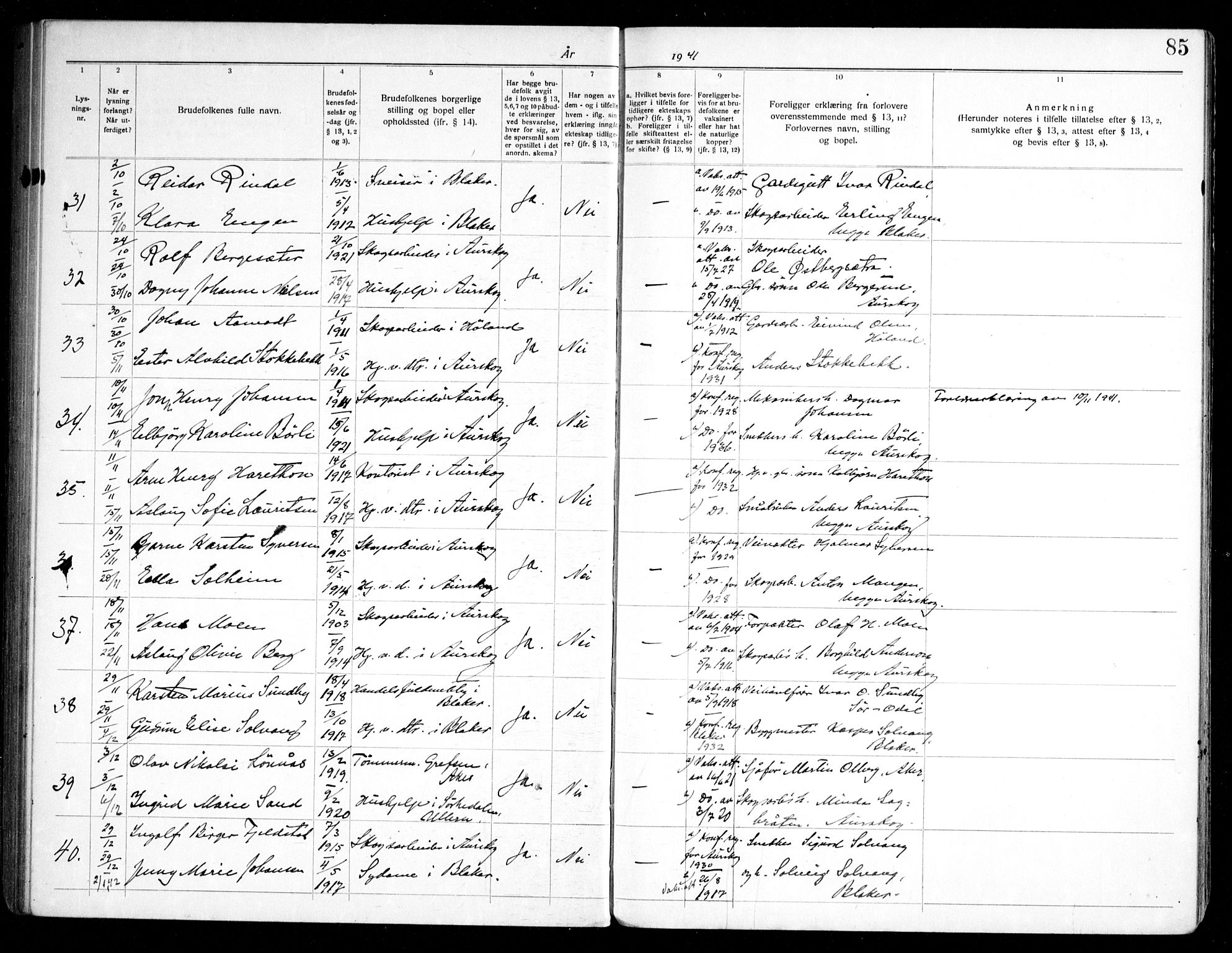 Aurskog prestekontor Kirkebøker, AV/SAO-A-10304a/H/Ha/L0002: Banns register no. 2, 1919-1947, p. 85