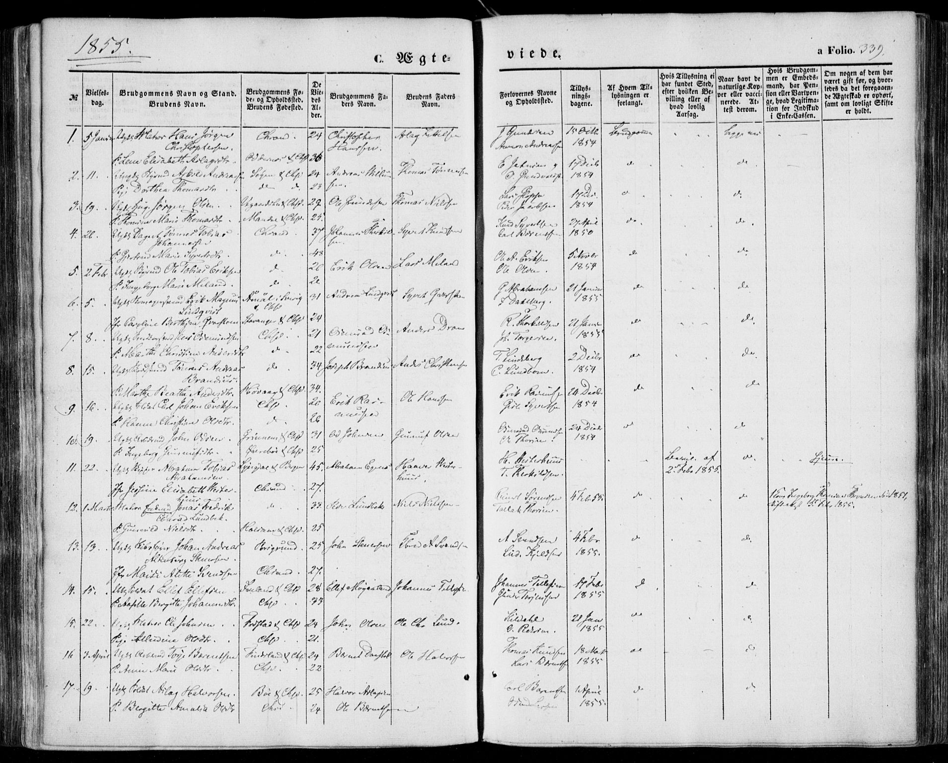 Kristiansand domprosti, SAK/1112-0006/F/Fa/L0014: Parish register (official) no. A 14, 1852-1867, p. 339