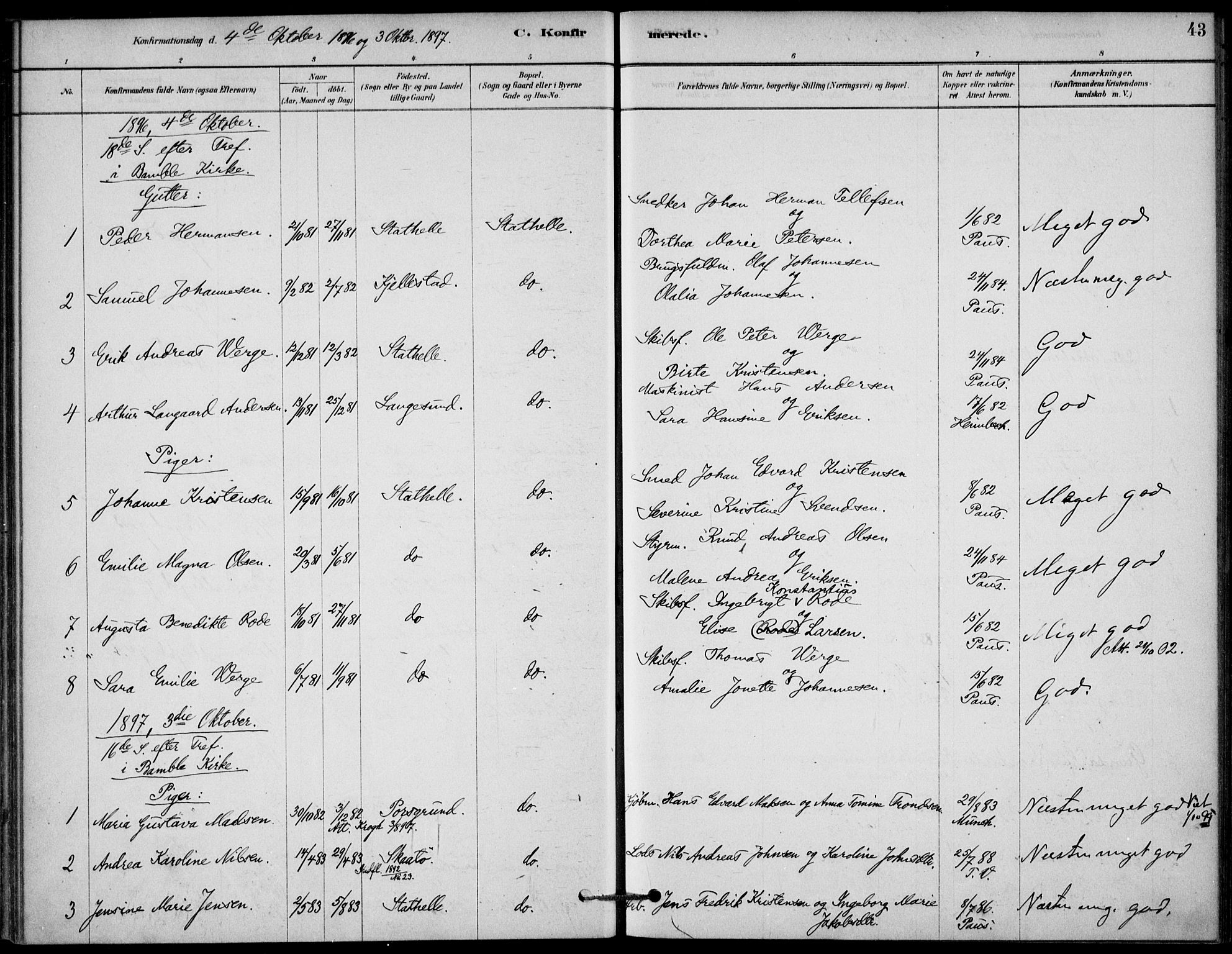 Bamble kirkebøker, SAKO/A-253/G/Gb/L0001: Parish register (copy) no. II 1, 1878-1900, p. 43