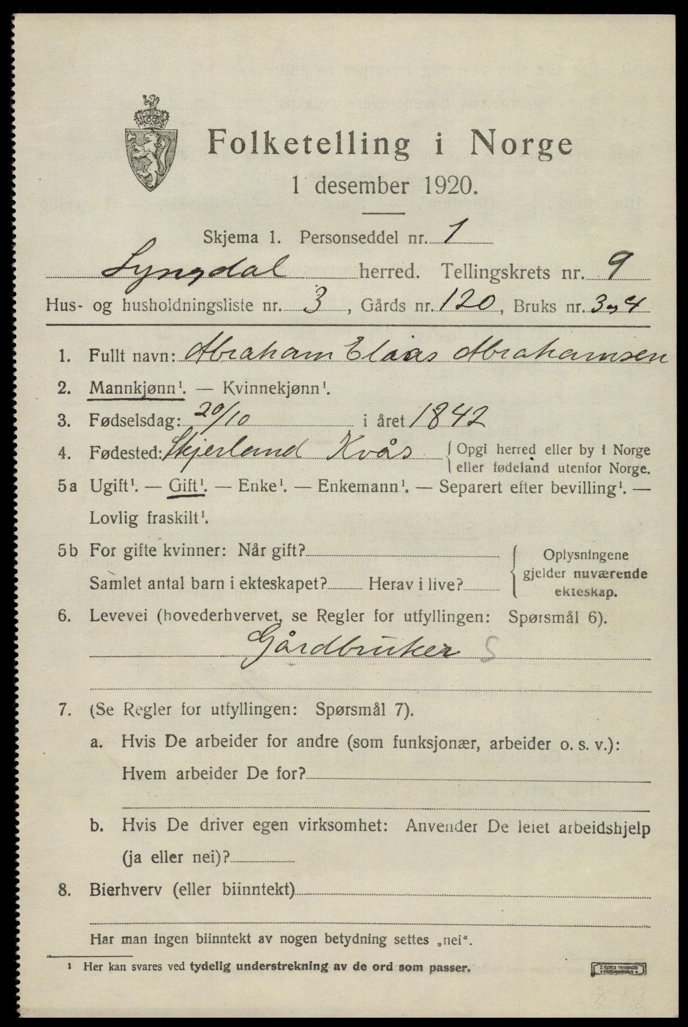 SAK, 1920 census for Lyngdal, 1920, p. 4635