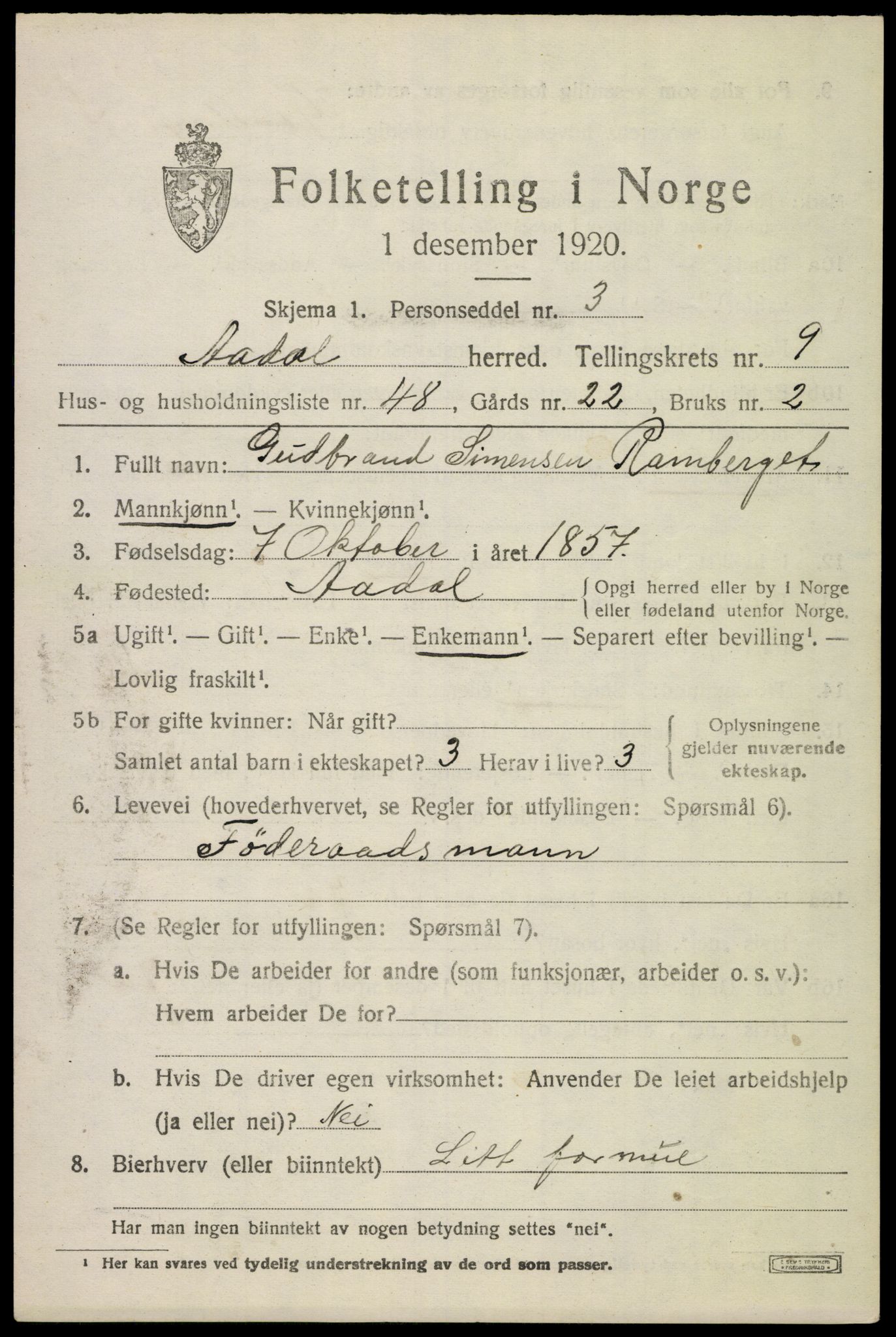 SAKO, 1920 census for Ådal, 1920, p. 6512