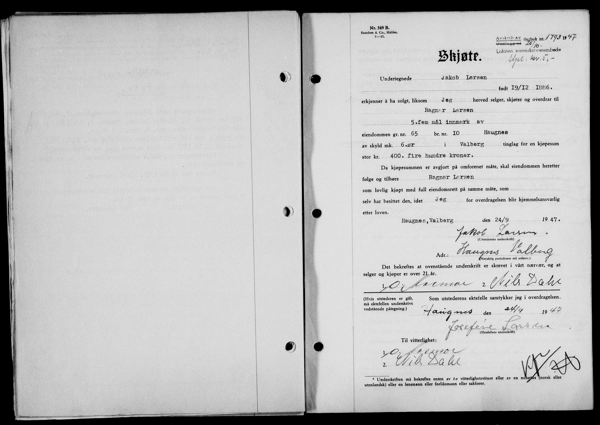 Lofoten sorenskriveri, SAT/A-0017/1/2/2C/L0017a: Mortgage book no. 17a, 1947-1948, Diary no: : 1793/1947