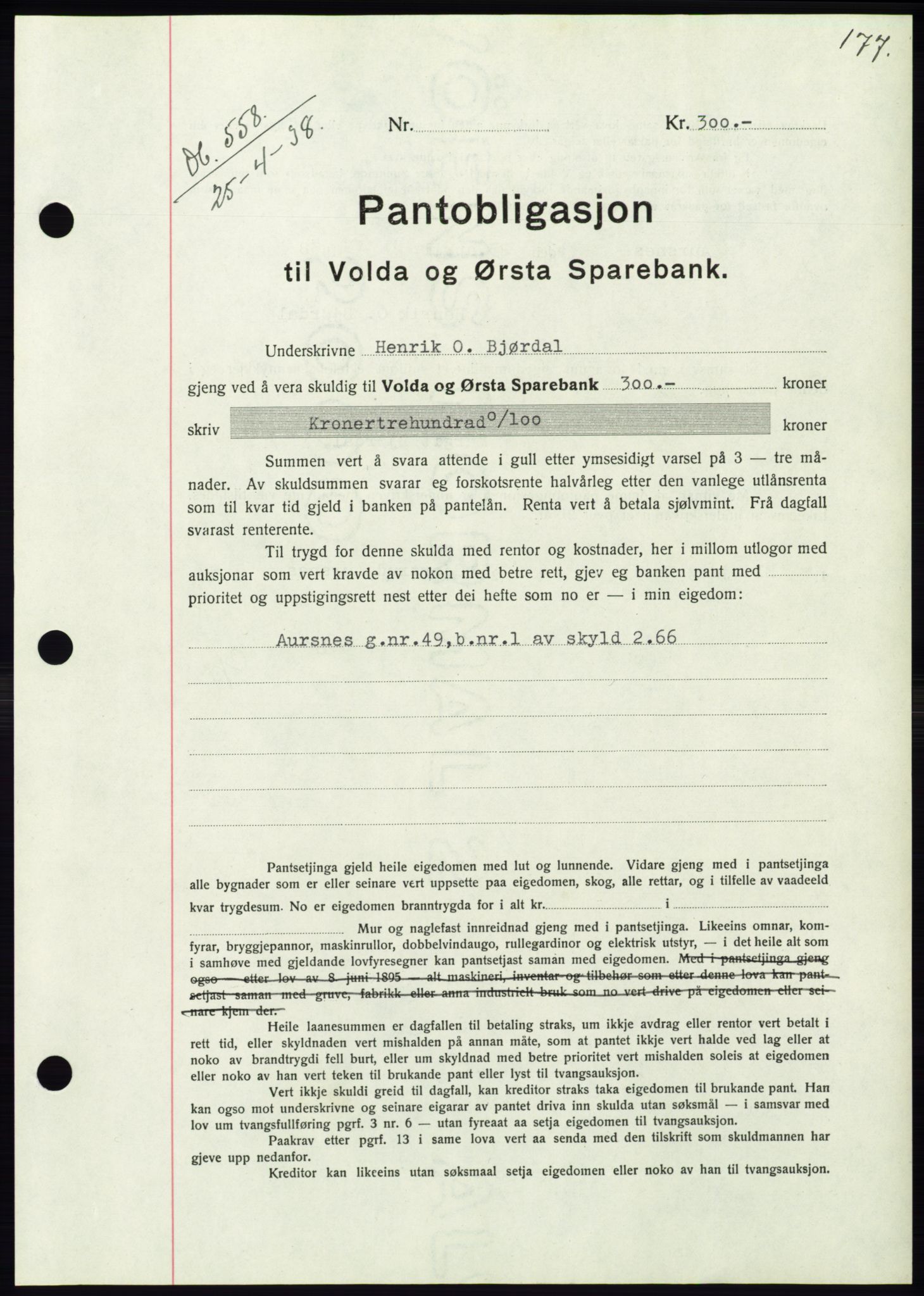 Søre Sunnmøre sorenskriveri, AV/SAT-A-4122/1/2/2C/L0065: Mortgage book no. 59, 1938-1938, Diary no: : 558/1938