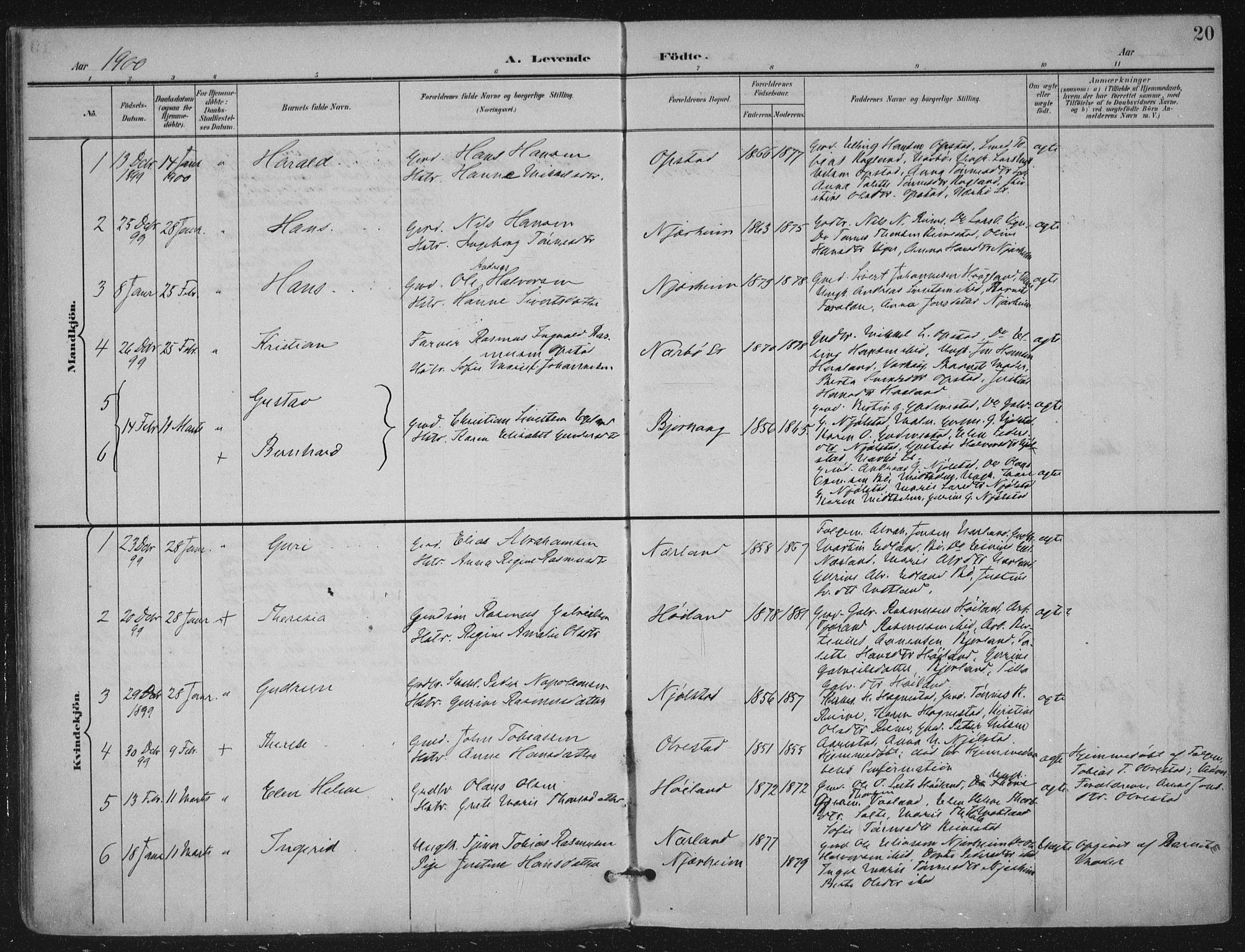 Hå sokneprestkontor, AV/SAST-A-101801/002/B/L0001: Parish register (official) no. A 11, 1897-1924, p. 20