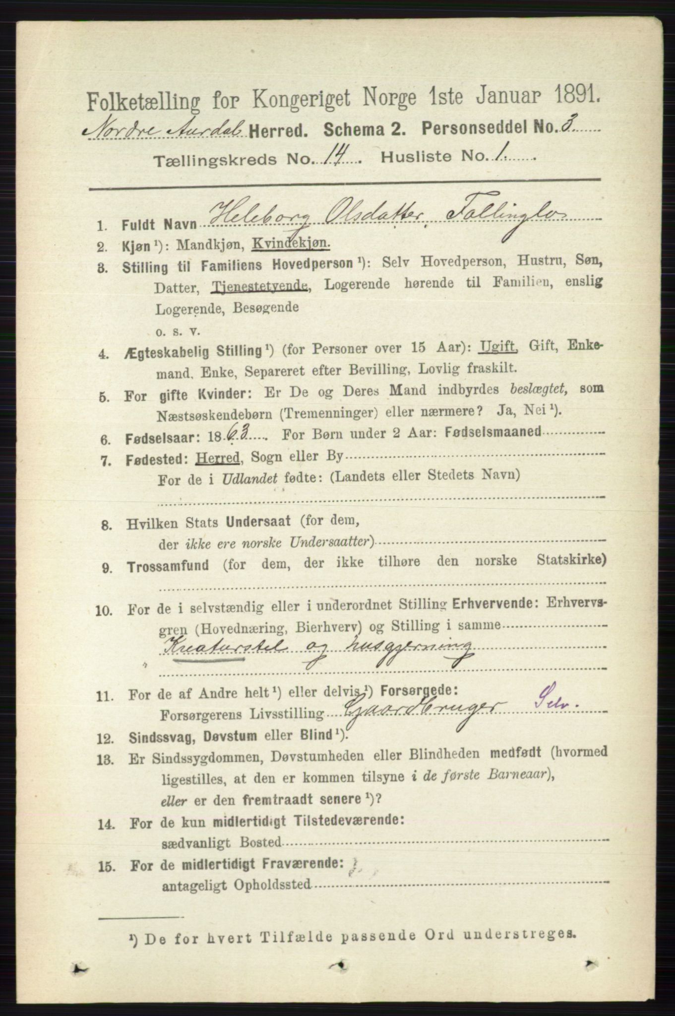 RA, 1891 census for 0542 Nord-Aurdal, 1891, p. 5215