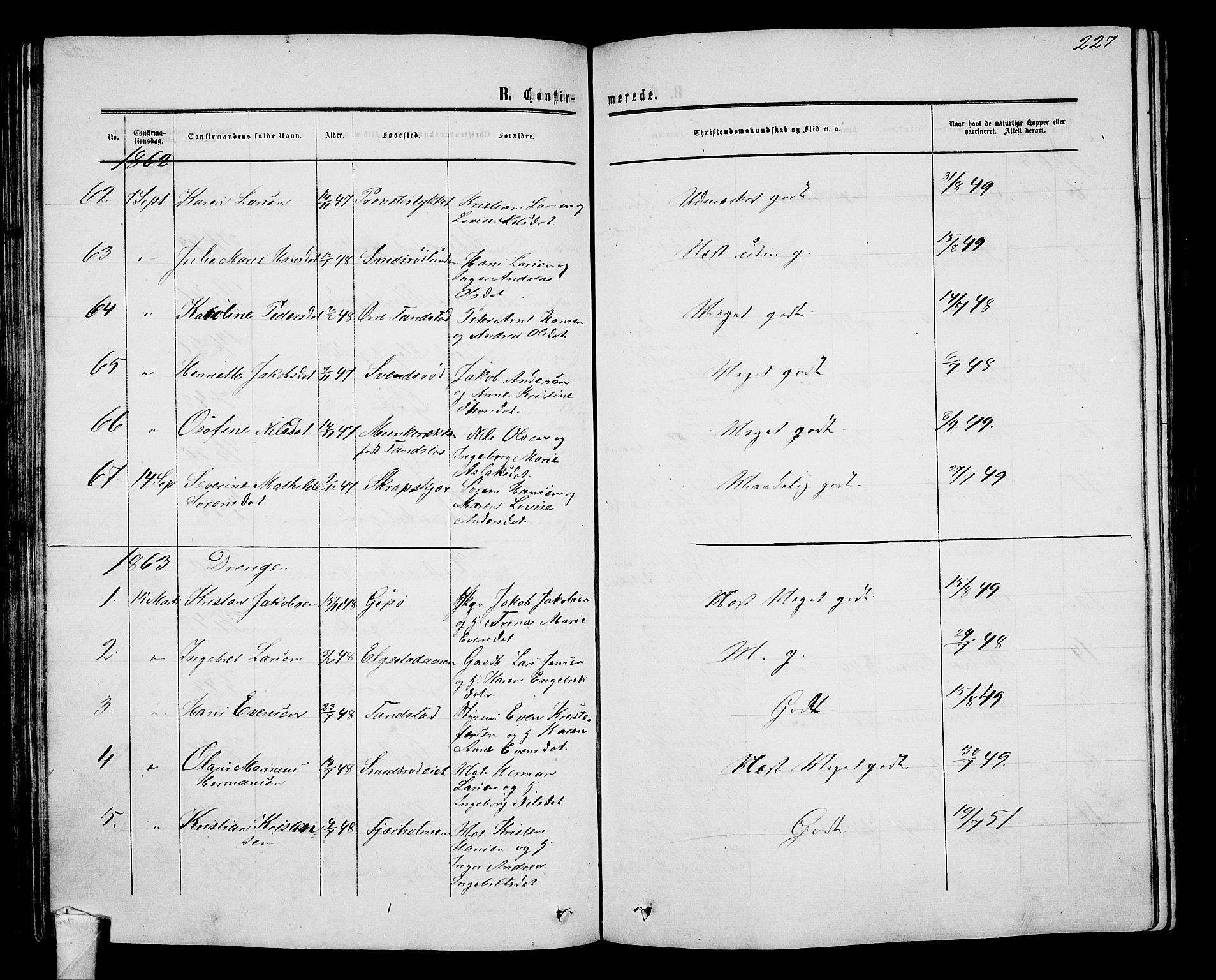 Nøtterøy kirkebøker, AV/SAKO-A-354/G/Ga/L0002: Parish register (copy) no. I 2, 1860-1877, p. 227