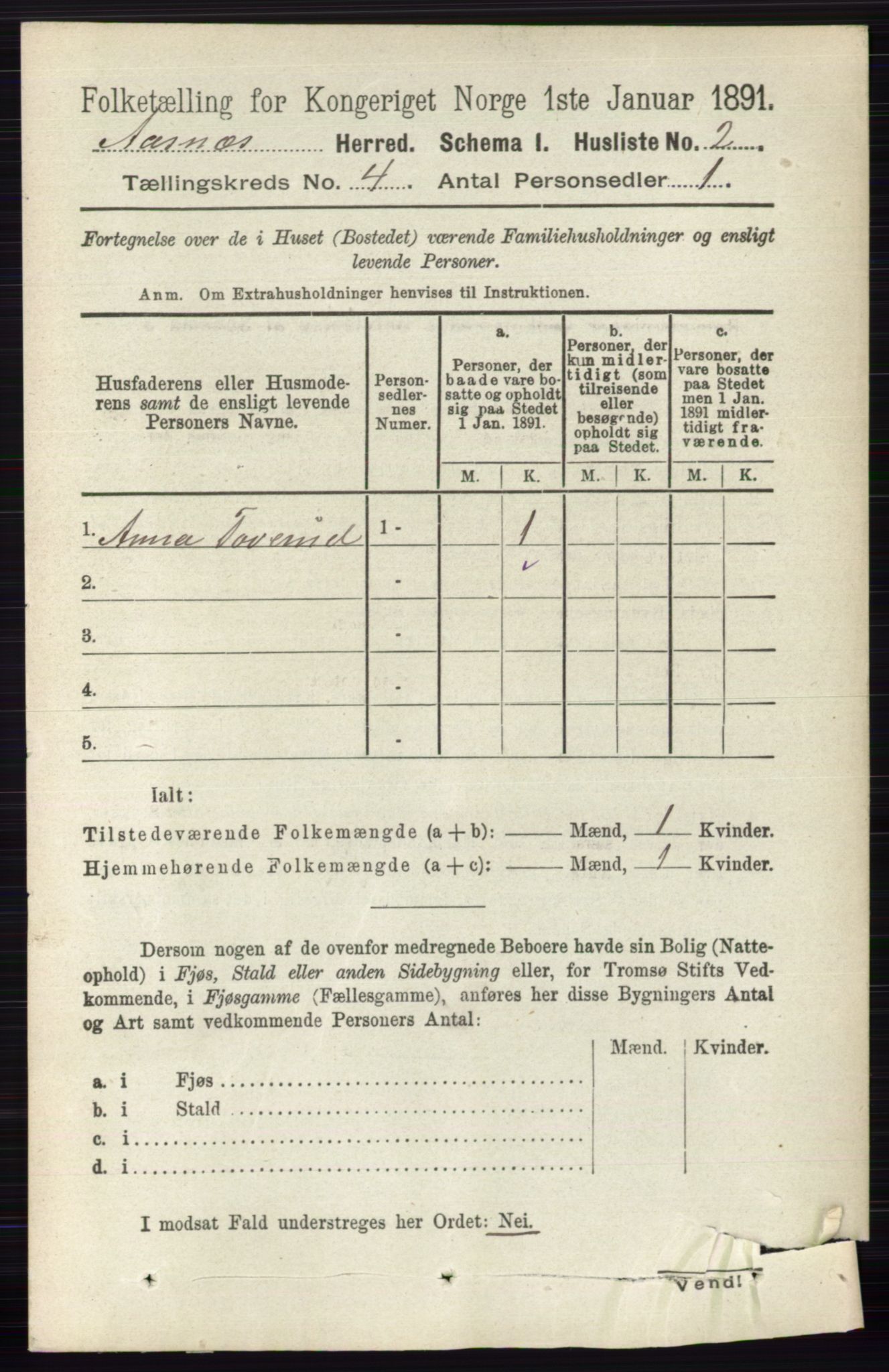 RA, 1891 census for 0425 Åsnes, 1891, p. 1544