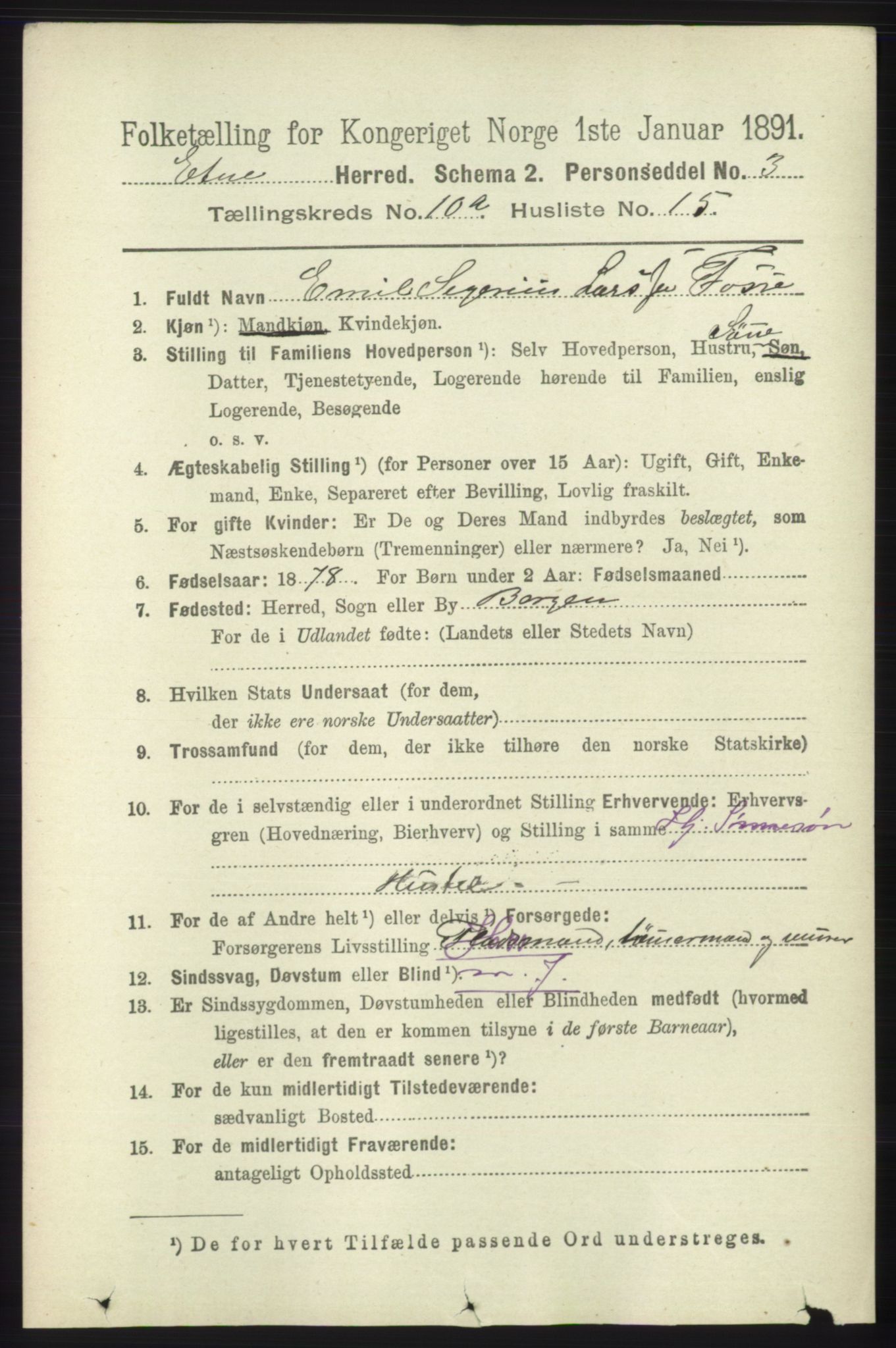 RA, 1891 census for 1211 Etne, 1891, p. 1927