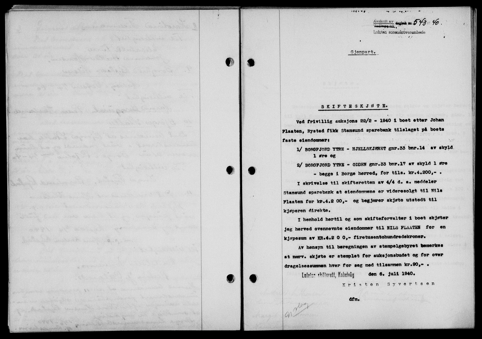 Lofoten sorenskriveri, SAT/A-0017/1/2/2C/L0007a: Mortgage book no. 7a, 1939-1940, Diary no: : 543/1940