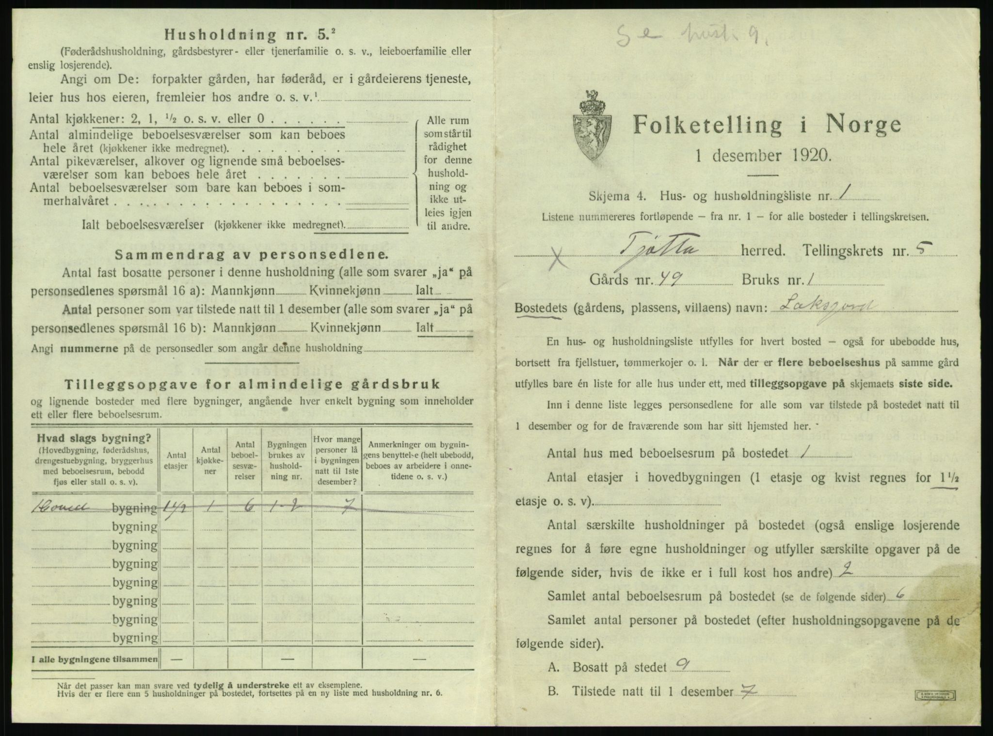 SAT, 1920 census for Tjøtta, 1920, p. 211
