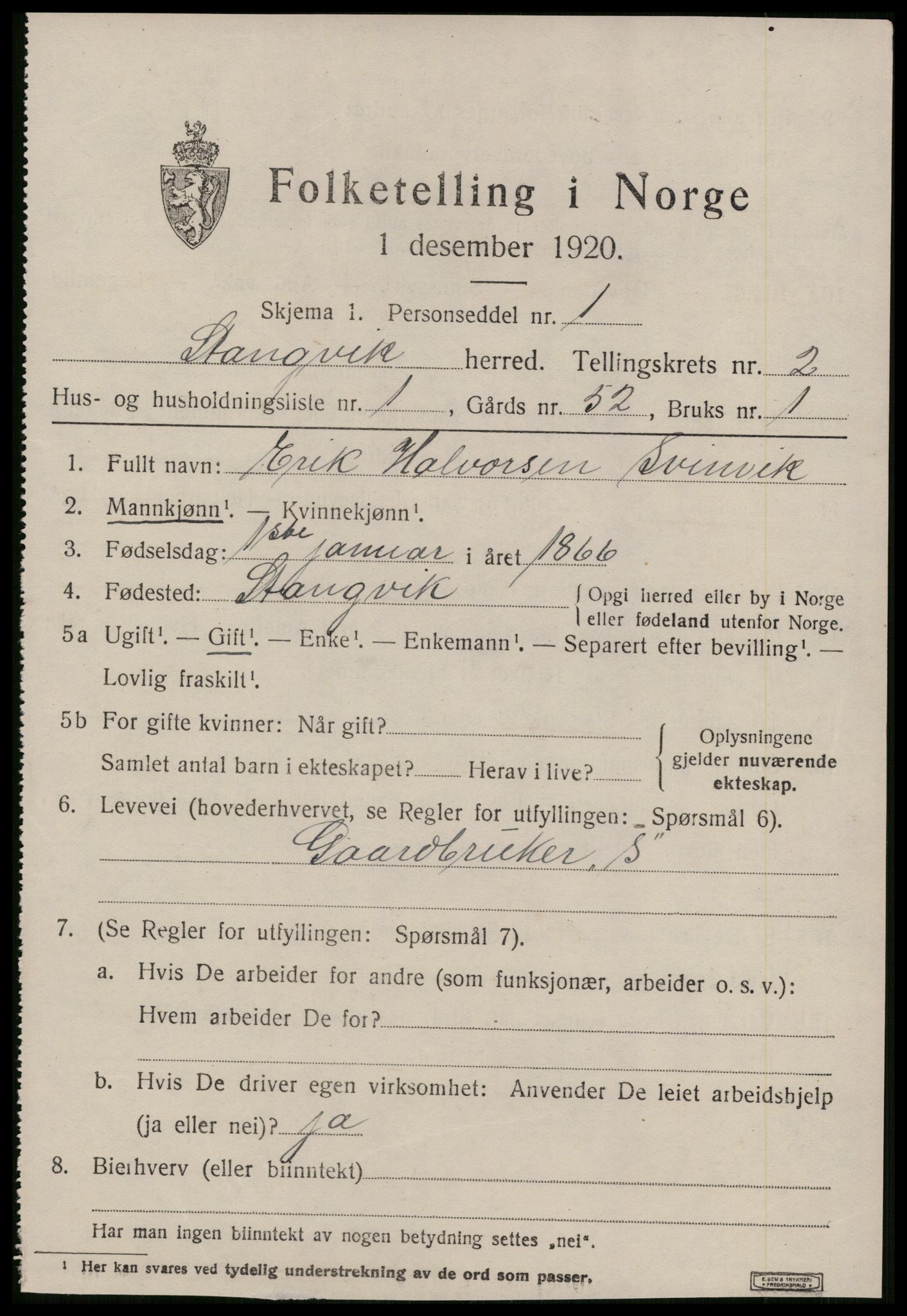 SAT, 1920 census for Stangvik, 1920, p. 1420