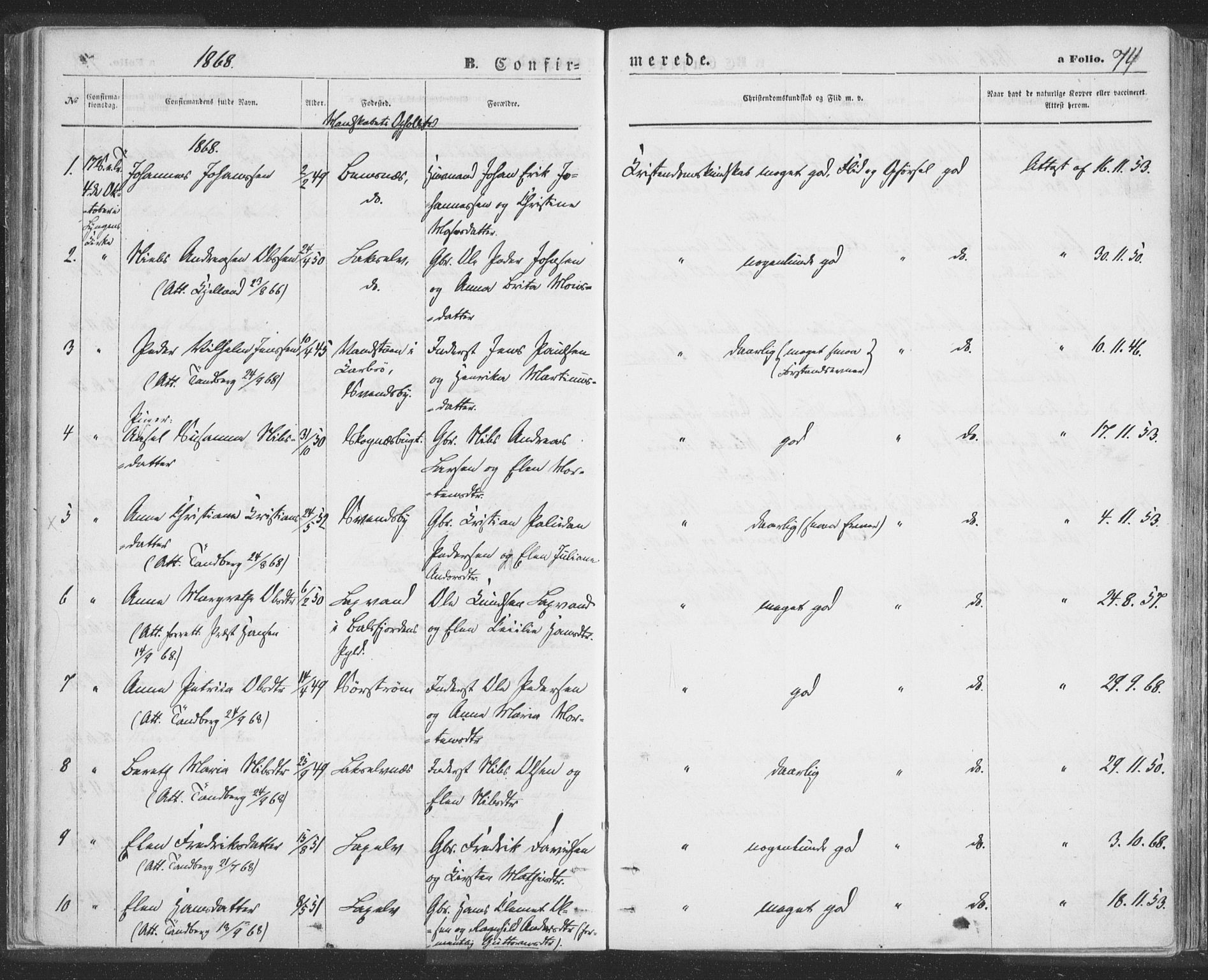 Lyngen sokneprestembete, AV/SATØ-S-1289/H/He/Hea/L0009kirke: Parish register (official) no. 9, 1864-1882, p. 74