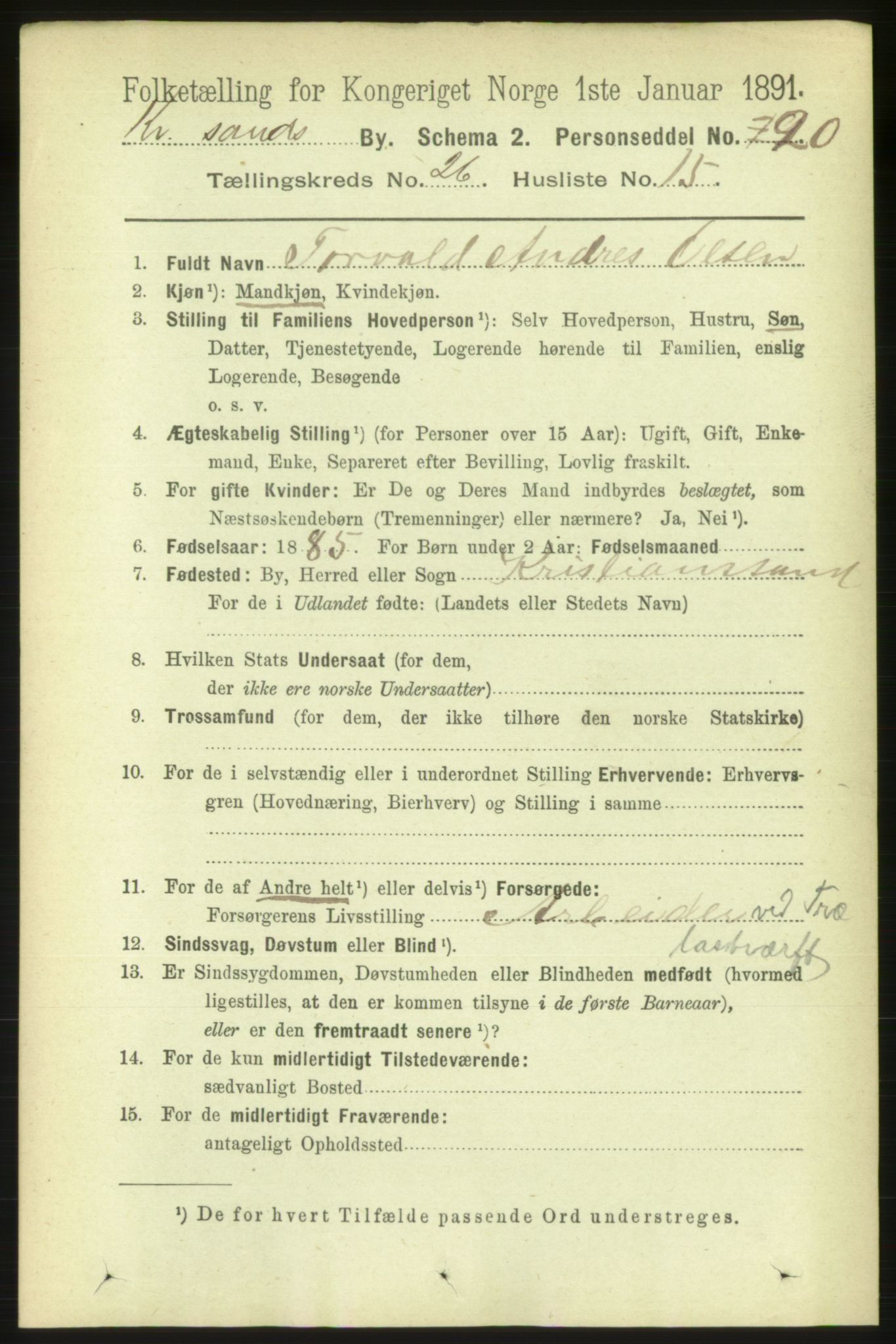 RA, 1891 census for 1001 Kristiansand, 1891, p. 9011