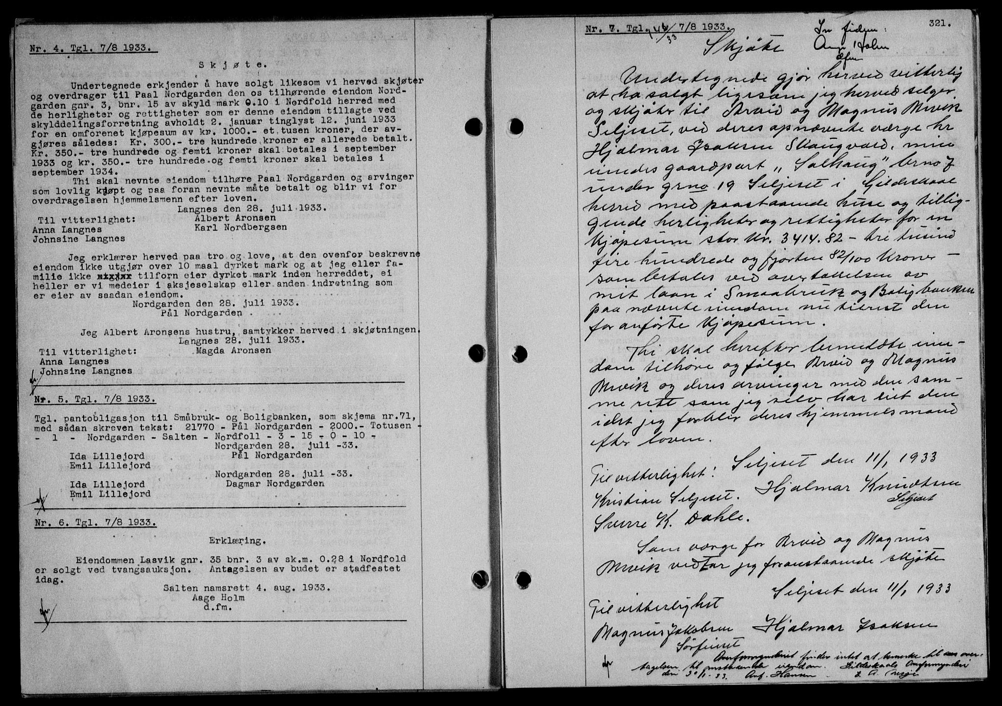 Salten sorenskriveri, SAT/A-4578/1/2/2C/L0063: Mortgage book no. 53, 1933-1933, Deed date: 07.08.1933