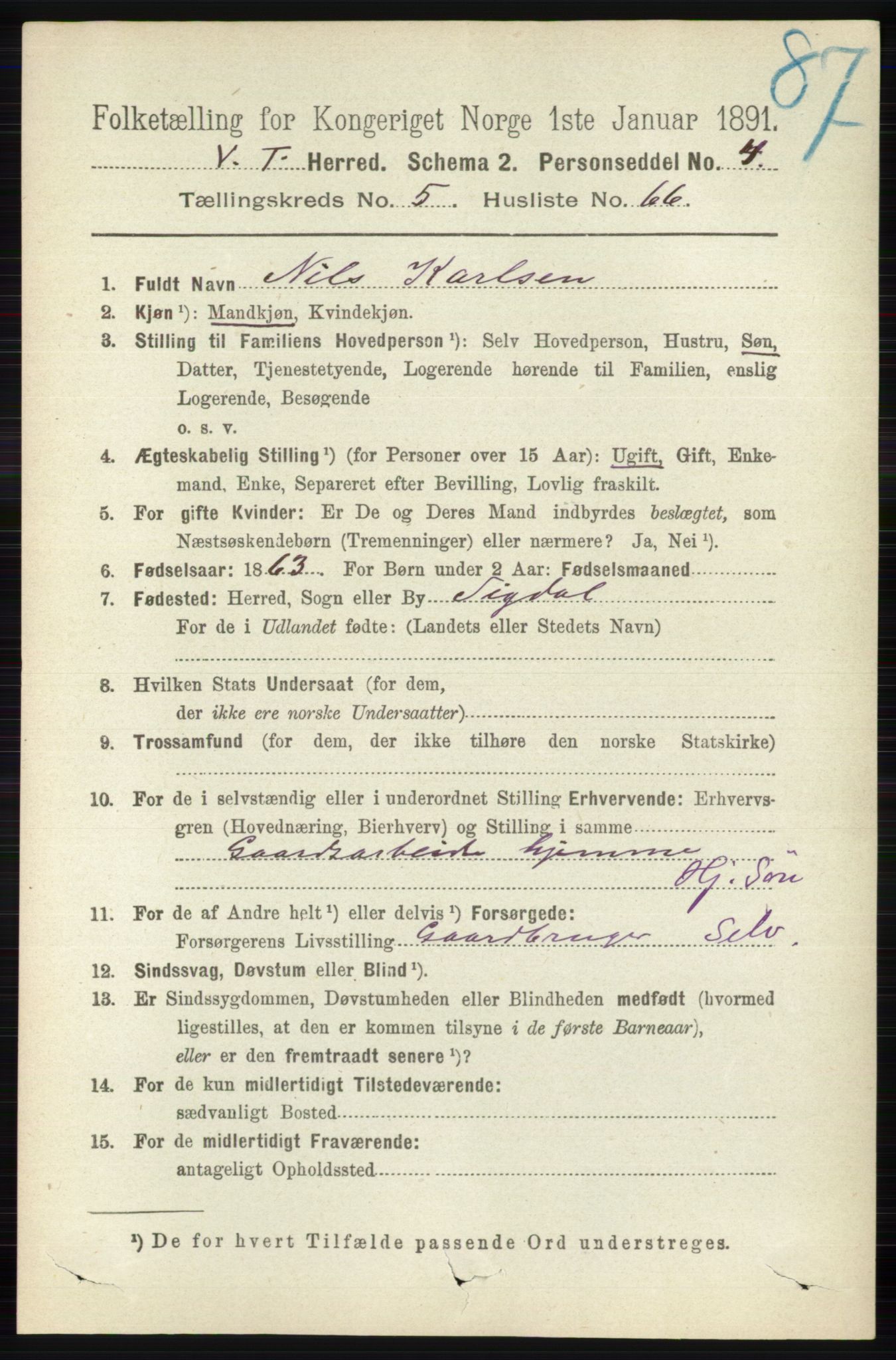 RA, 1891 census for 0529 Vestre Toten, 1891, p. 3588