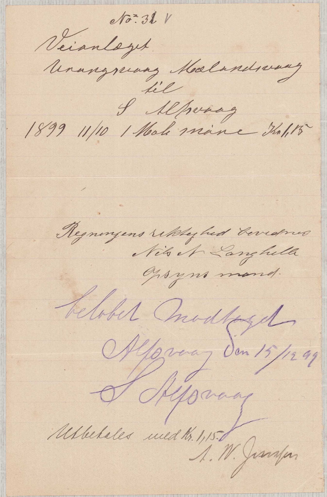 Finnaas kommune. Formannskapet, IKAH/1218a-021/E/Ea/L0002/0001: Rekneskap for veganlegg / Rekneskap for veganlegget Urangsvåg - Mælandsvåg, 1898-1900, p. 92