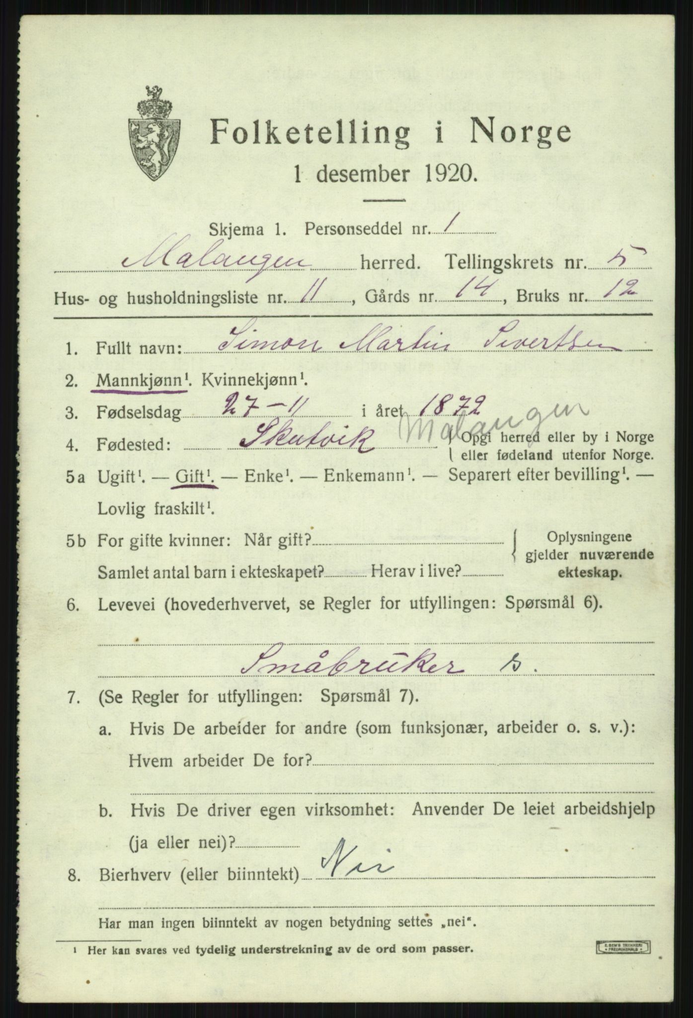 SATØ, 1920 census for Malangen, 1920, p. 2030