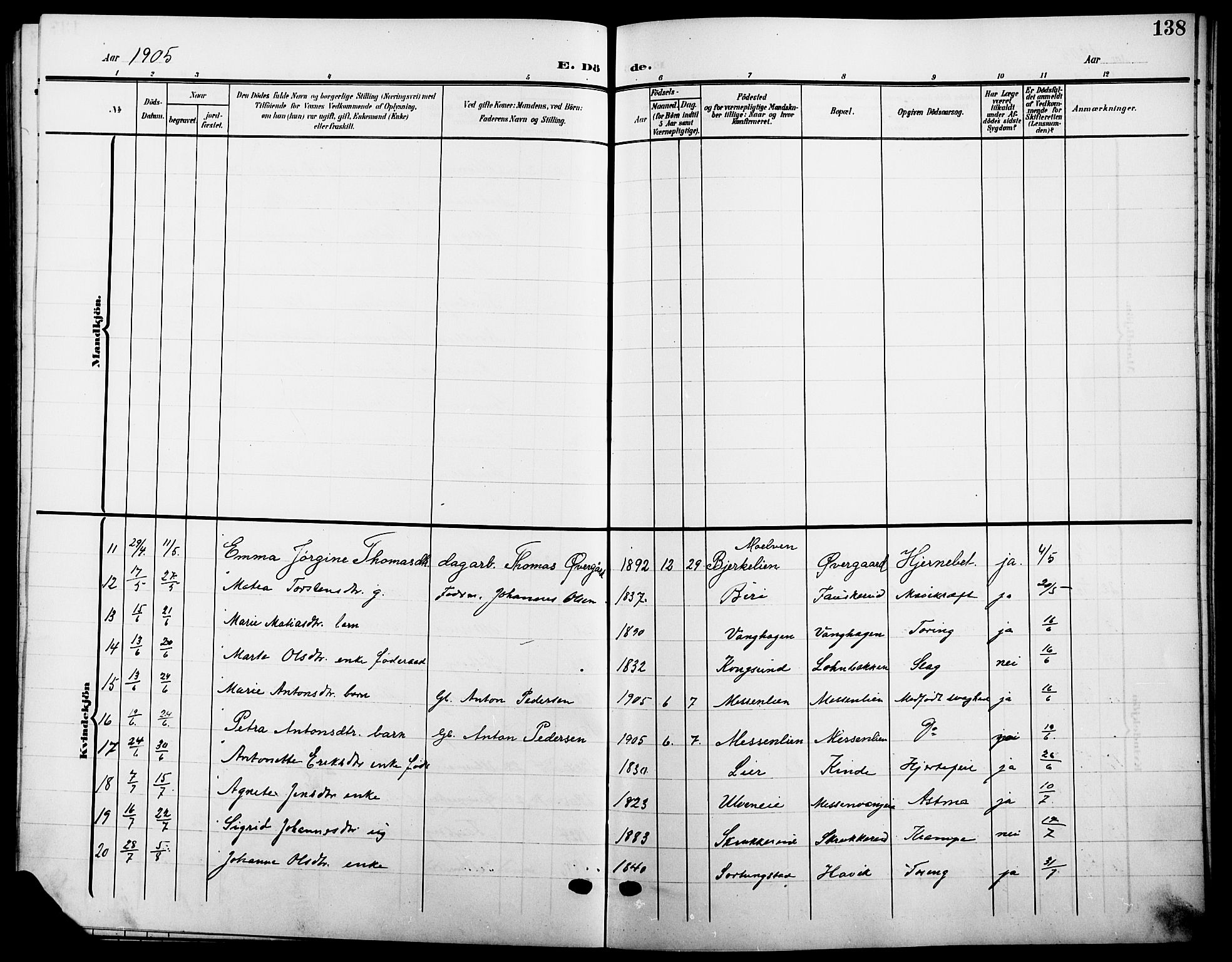 Ringsaker prestekontor, SAH/PREST-014/L/La/L0016: Parish register (copy) no. 16, 1905-1920, p. 138