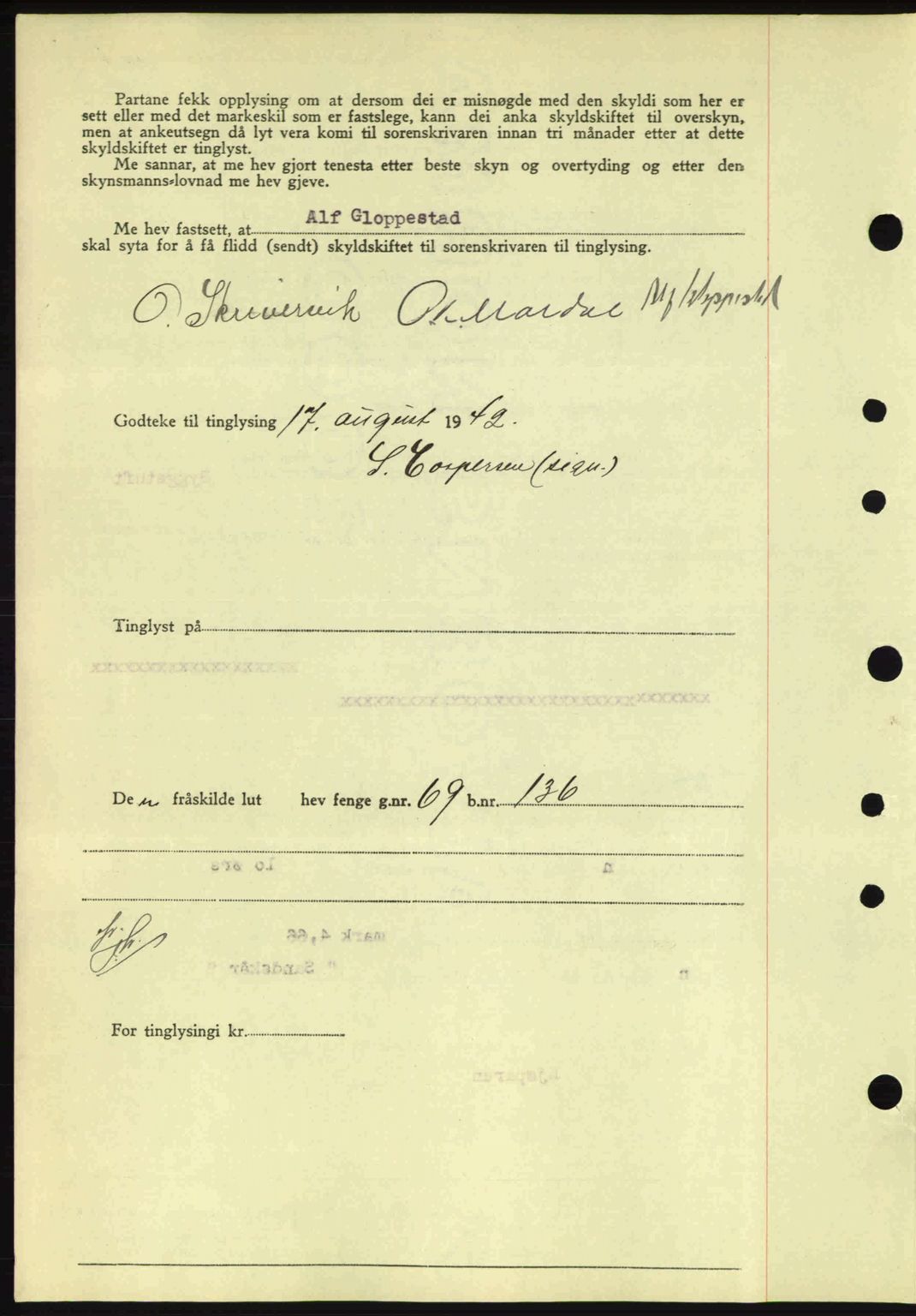 Nordfjord sorenskriveri, SAB/A-2801/02/02b/02bj/L0007: Mortgage book no. A7, 1941-1943, Diary no: : 1018/1942