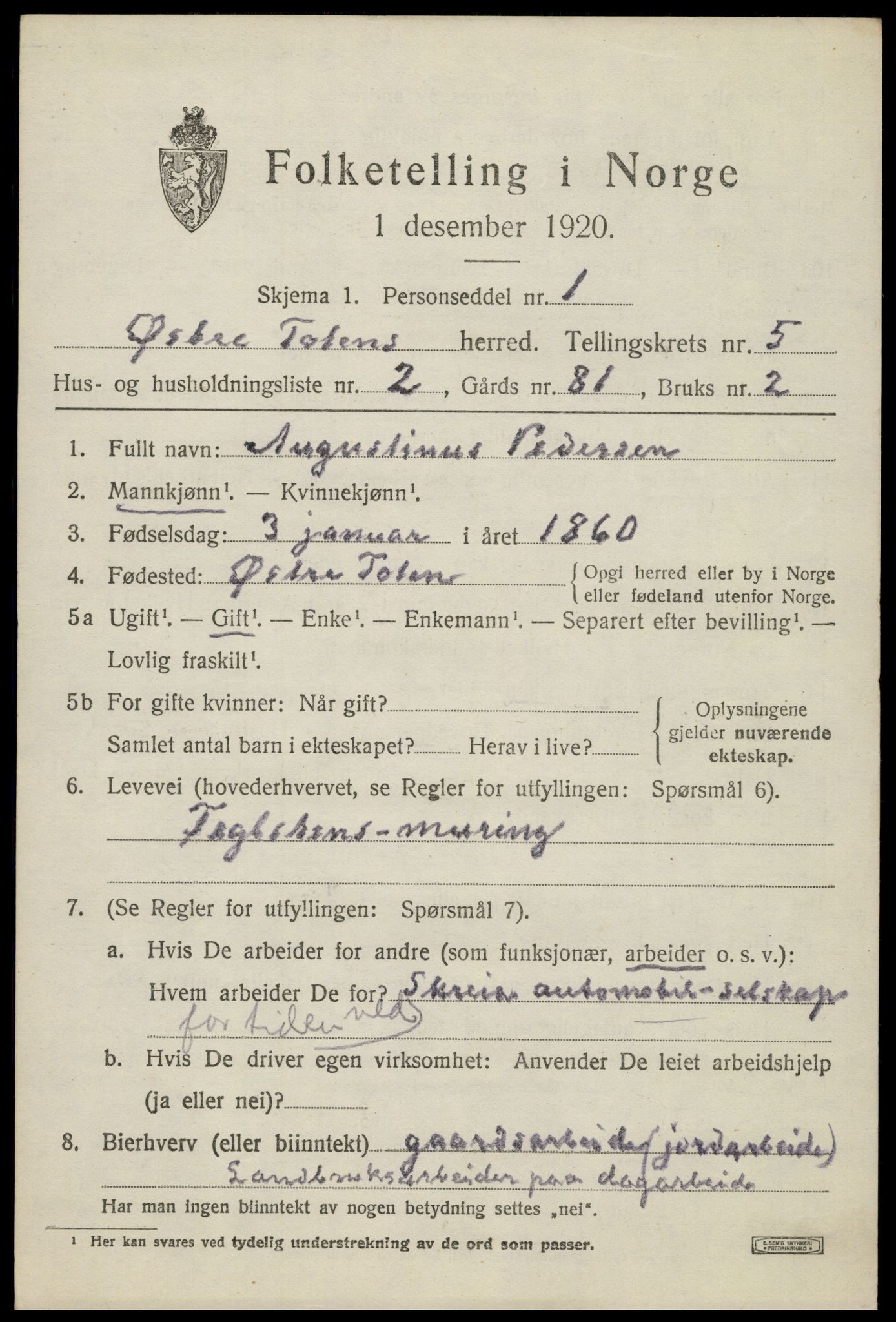 SAH, 1920 census for Østre Toten, 1920, p. 10806