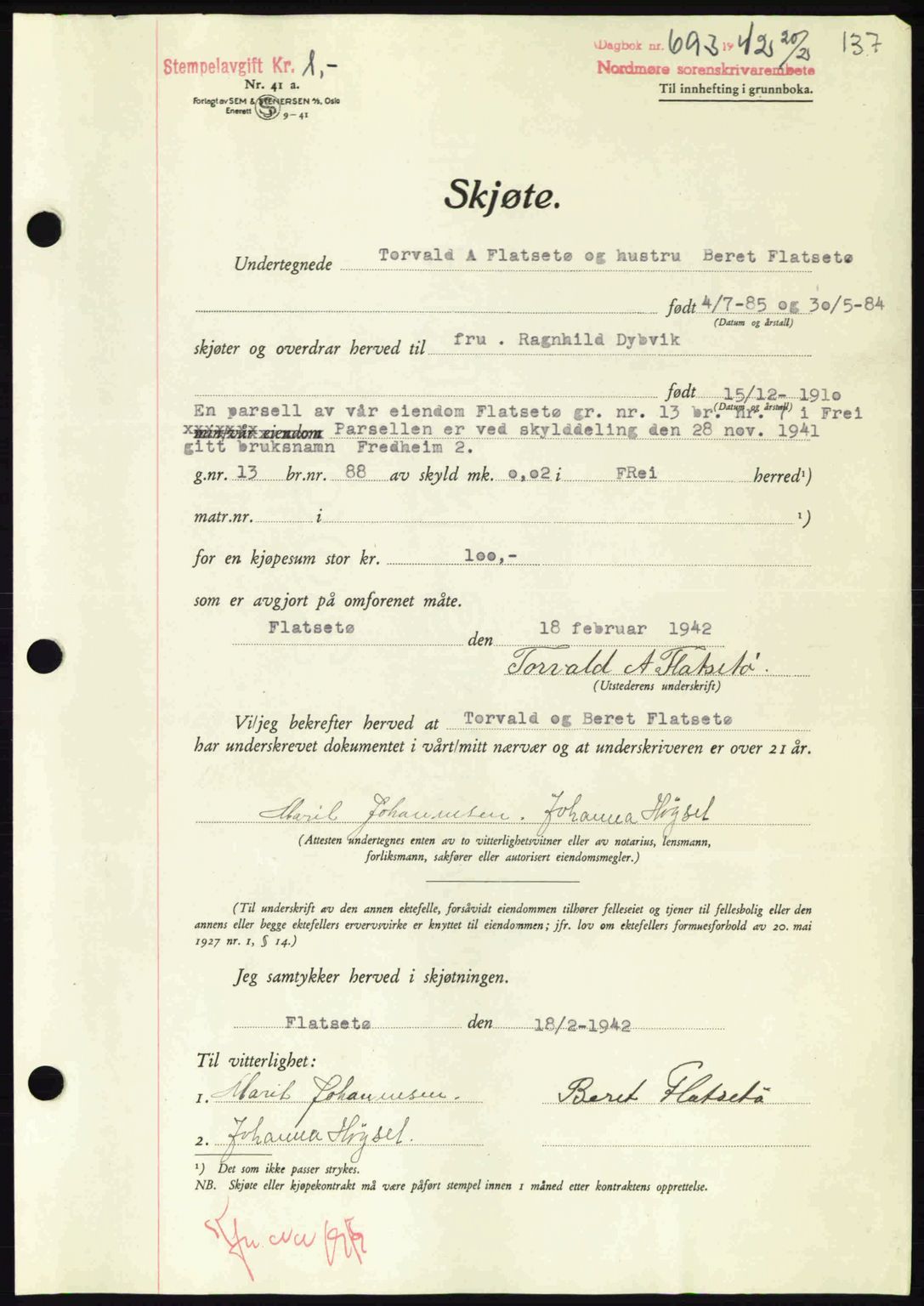 Nordmøre sorenskriveri, AV/SAT-A-4132/1/2/2Ca: Mortgage book no. A92, 1942-1942, Diary no: : 693/1942