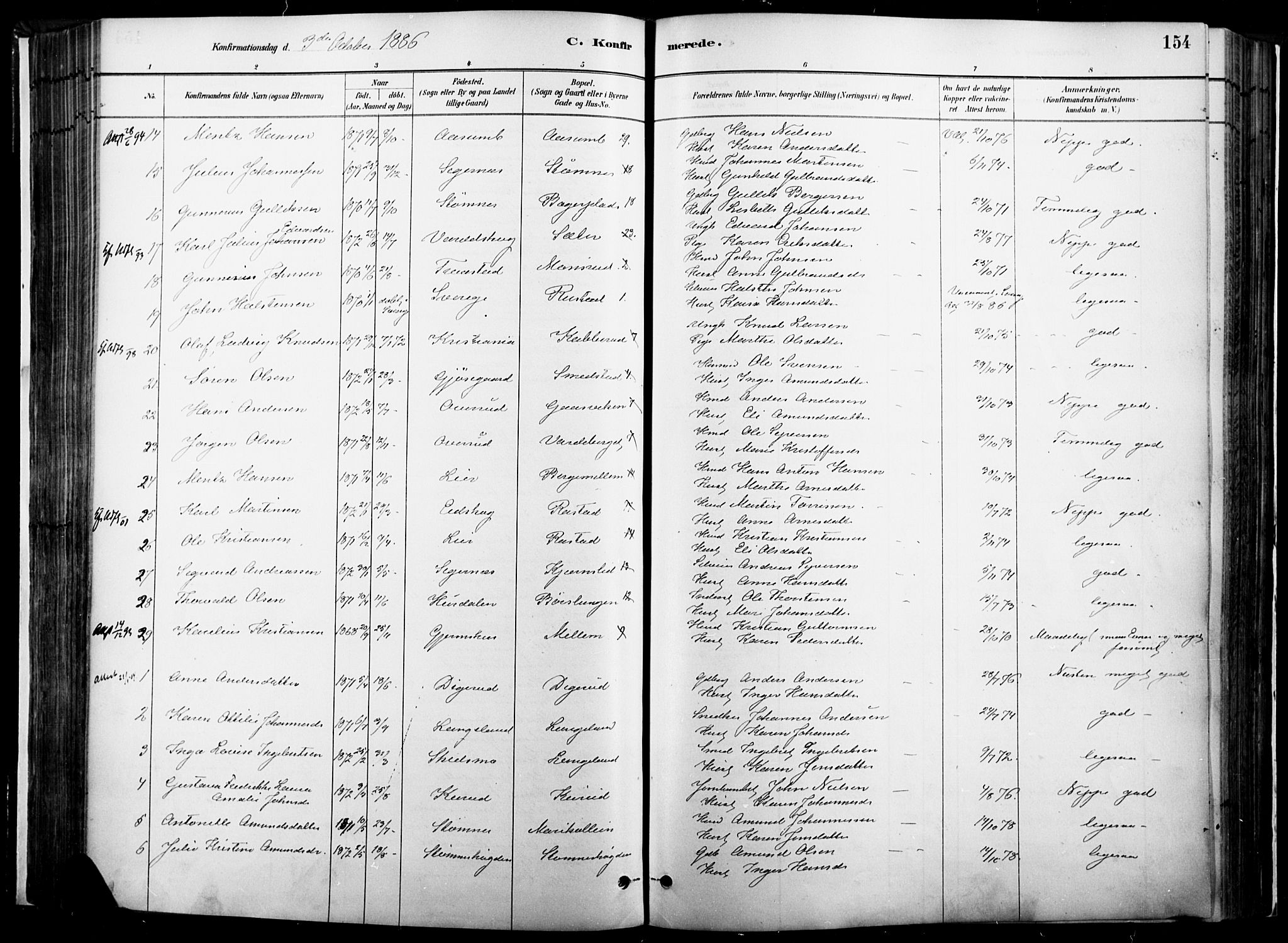 Vinger prestekontor, SAH/PREST-024/H/Ha/Haa/L0014: Parish register (official) no. 14, 1881-1900, p. 154