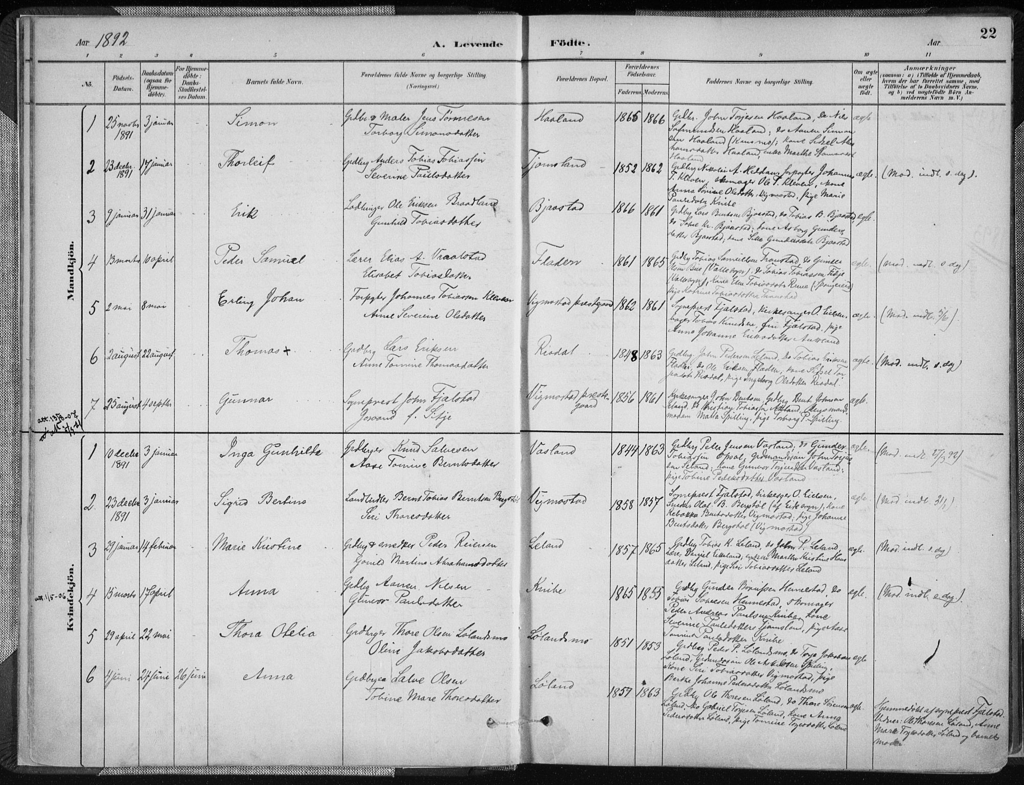 Nord-Audnedal sokneprestkontor, AV/SAK-1111-0032/F/Fa/Fab/L0003: Parish register (official) no. A 3, 1882-1900, p. 22