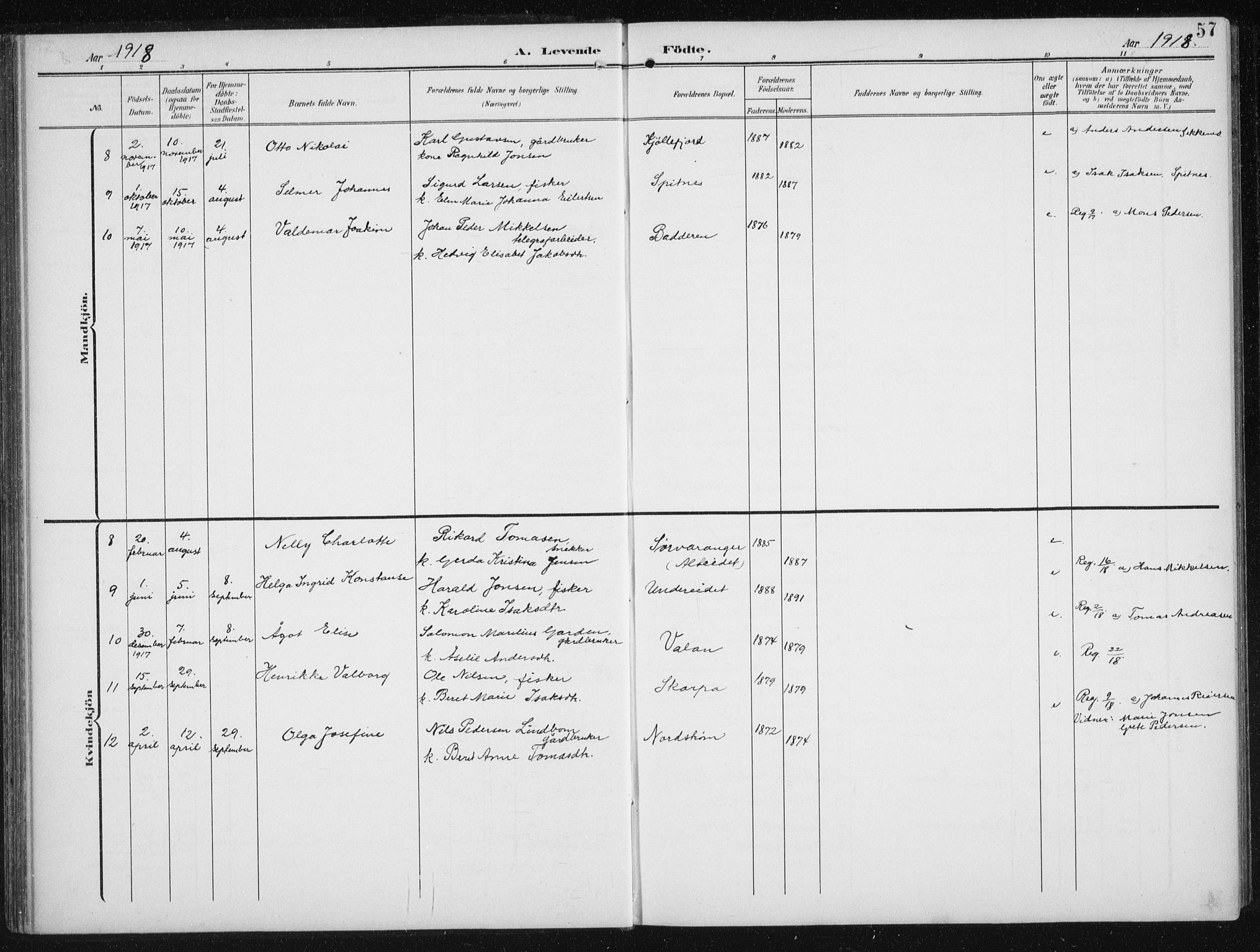 Skjervøy sokneprestkontor, AV/SATØ-S-1300/H/Ha/Hab/L0017klokker: Parish register (copy) no. 17, 1906-1941, p. 57