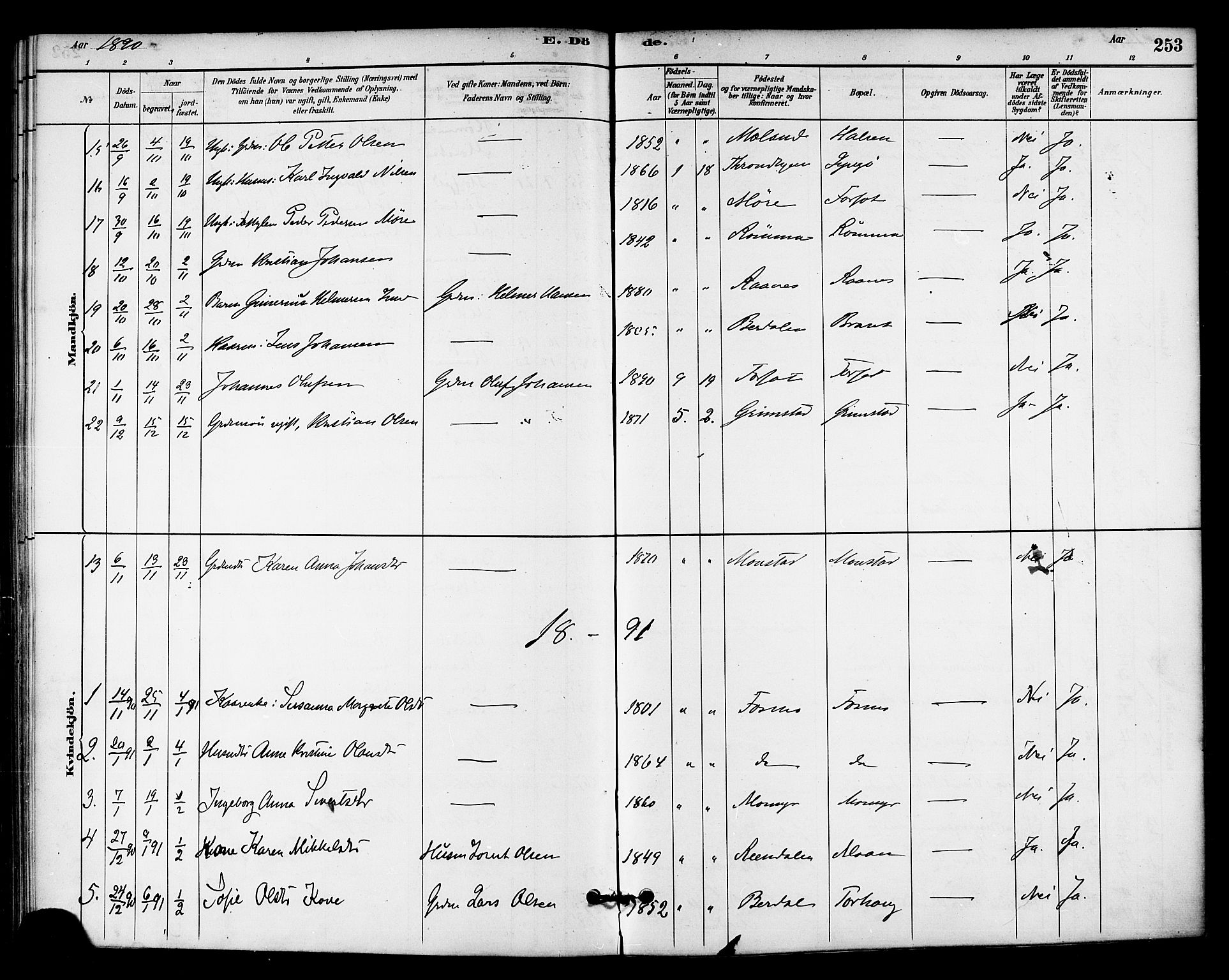 Ministerialprotokoller, klokkerbøker og fødselsregistre - Sør-Trøndelag, SAT/A-1456/655/L0680: Parish register (official) no. 655A09, 1880-1894, p. 253
