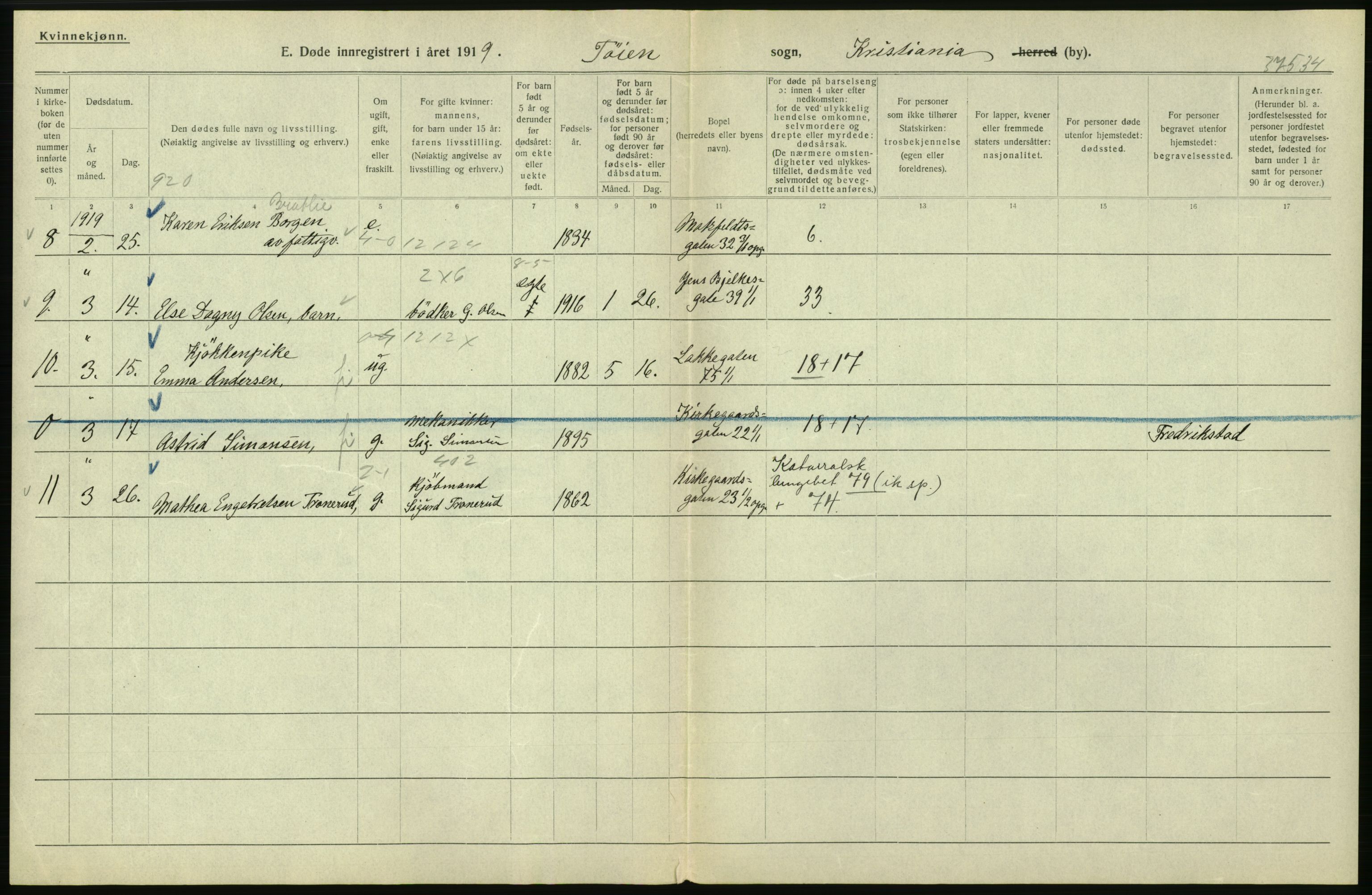 Statistisk sentralbyrå, Sosiodemografiske emner, Befolkning, RA/S-2228/D/Df/Dfb/Dfbi/L0010: Kristiania: Døde, 1919, p. 434