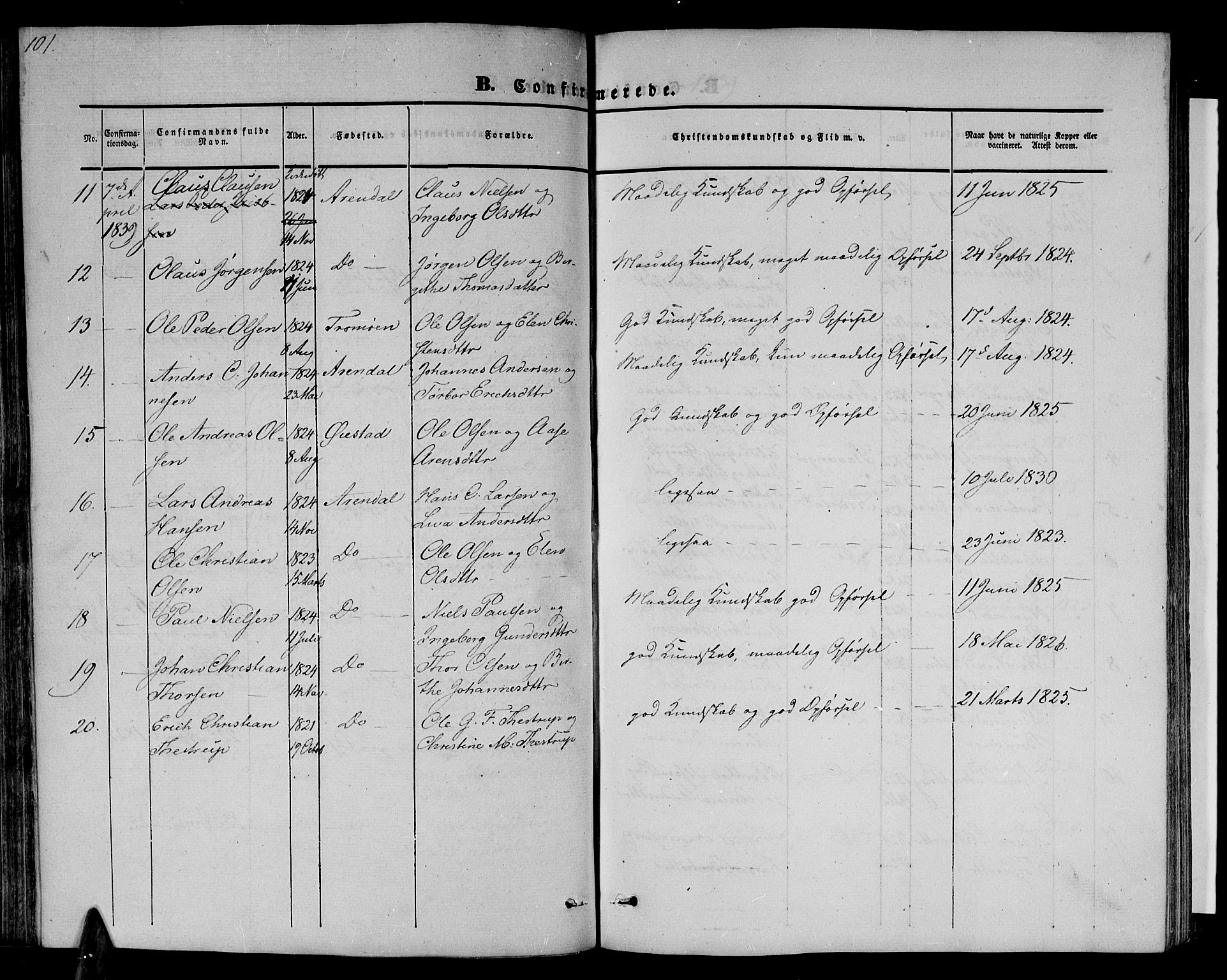 Arendal sokneprestkontor, Trefoldighet, SAK/1111-0040/F/Fb/L0002: Parish register (copy) no. B 2, 1838-1860, p. 101
