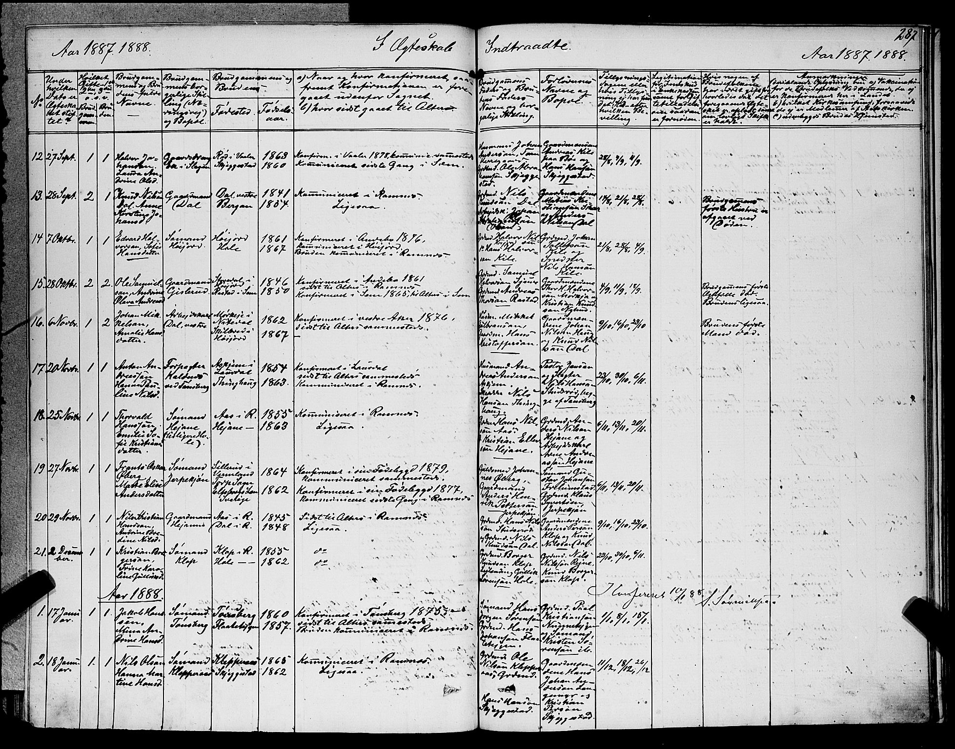 Ramnes kirkebøker, AV/SAKO-A-314/G/Ga/L0003: Parish register (copy) no. I 3, 1870-1896, p. 287