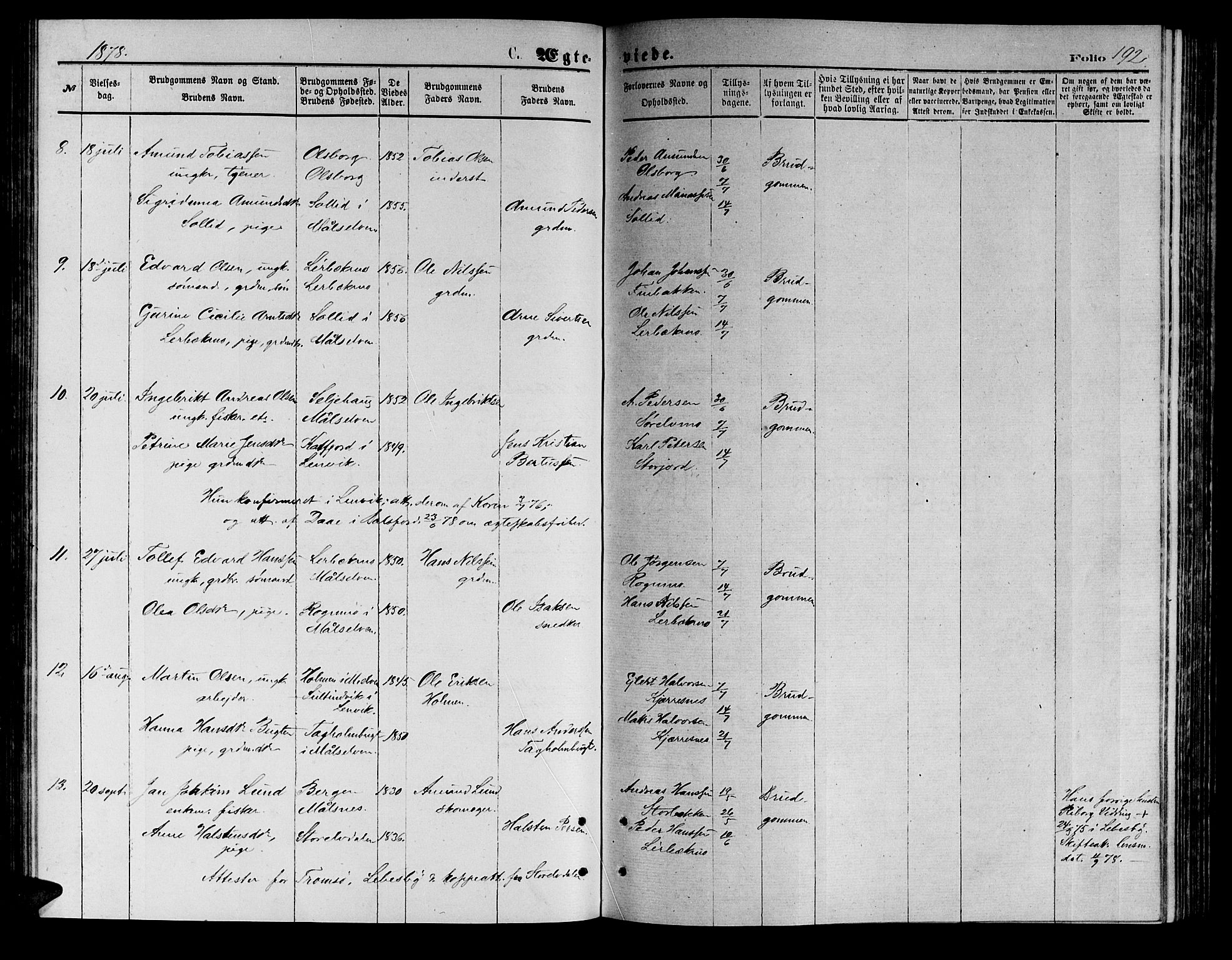 Målselv sokneprestembete, AV/SATØ-S-1311/G/Ga/Gab/L0003klokker: Parish register (copy) no. 3, 1874-1885, p. 192