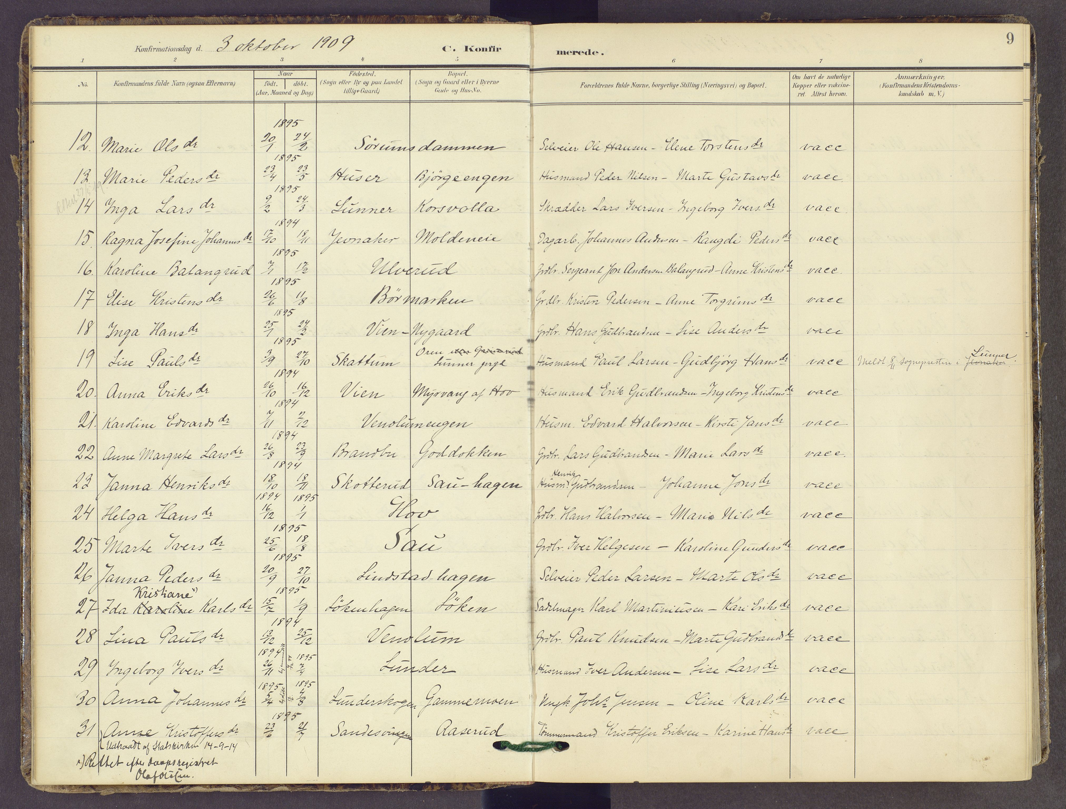 Gran prestekontor, SAH/PREST-112/H/Ha/Haa/L0022: Parish register (official) no. 22, 1908-1918, p. 9