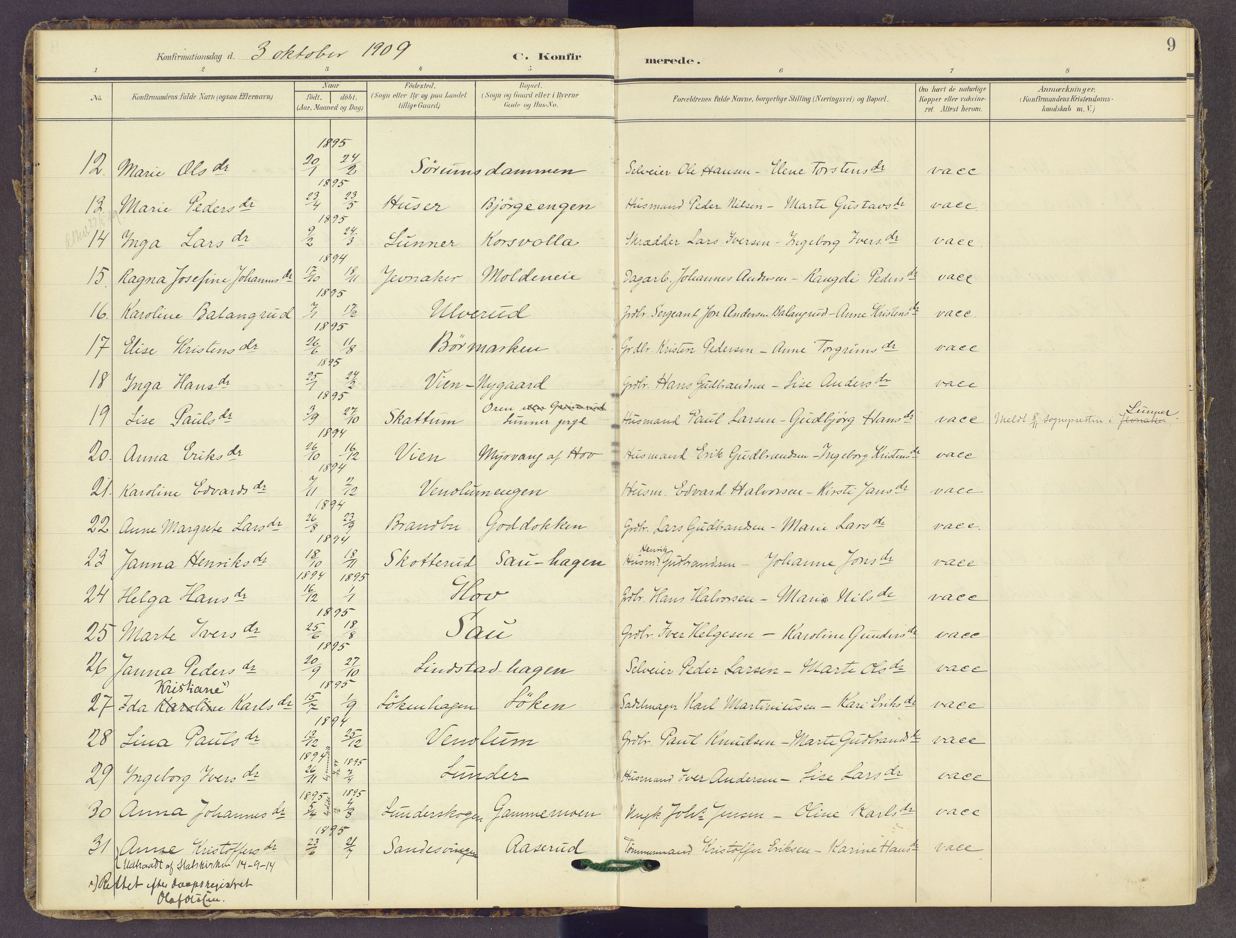 Gran prestekontor, AV/SAH-PREST-112/H/Ha/Haa/L0022: Parish register (official) no. 22, 1908-1918, p. 9