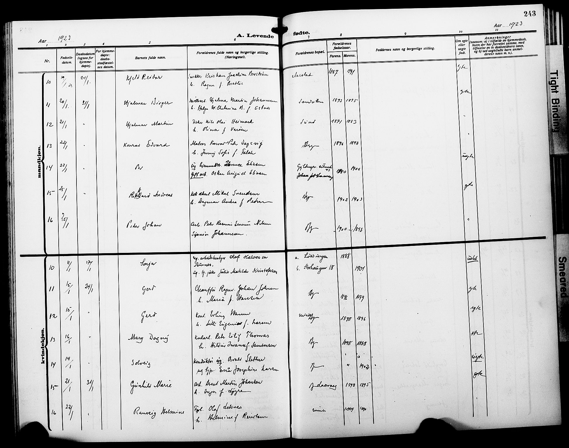 Fødselsstiftelsens sokneprestembete*, SAB/-: Parish register (copy) no. A 3, 1916-1925, p. 243