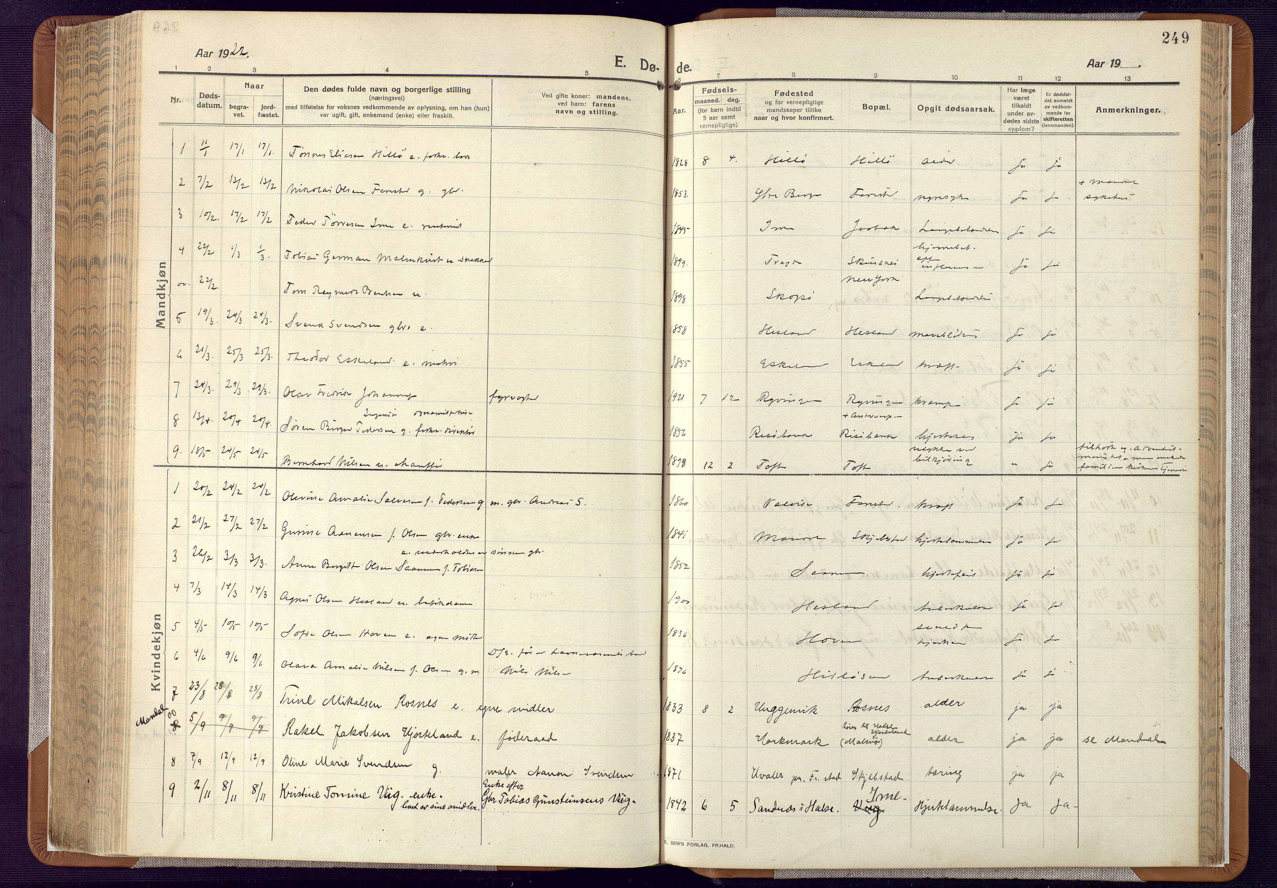 Mandal sokneprestkontor, SAK/1111-0030/F/Fa/Faa/L0022: Parish register (official) no. A 22, 1913-1925, p. 249