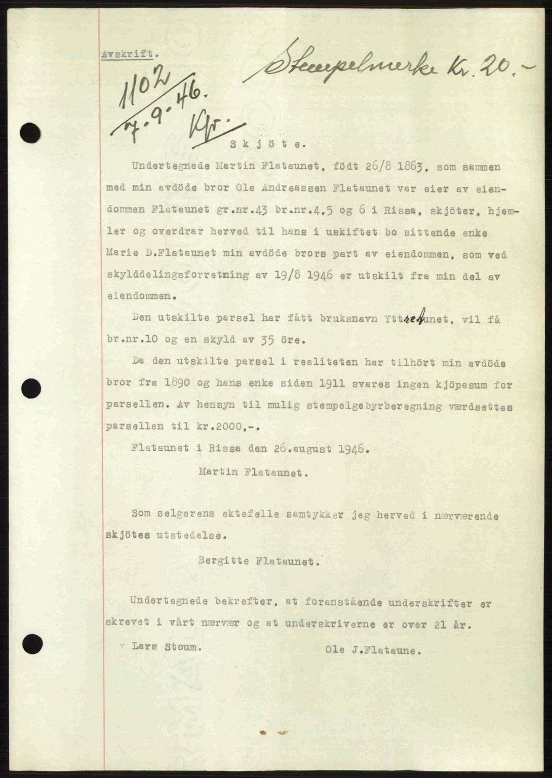 Fosen sorenskriveri, AV/SAT-A-1107/1/2/2C: Mortgage book no. A4-6, 1946-1947, Diary no: : 1102/1946
