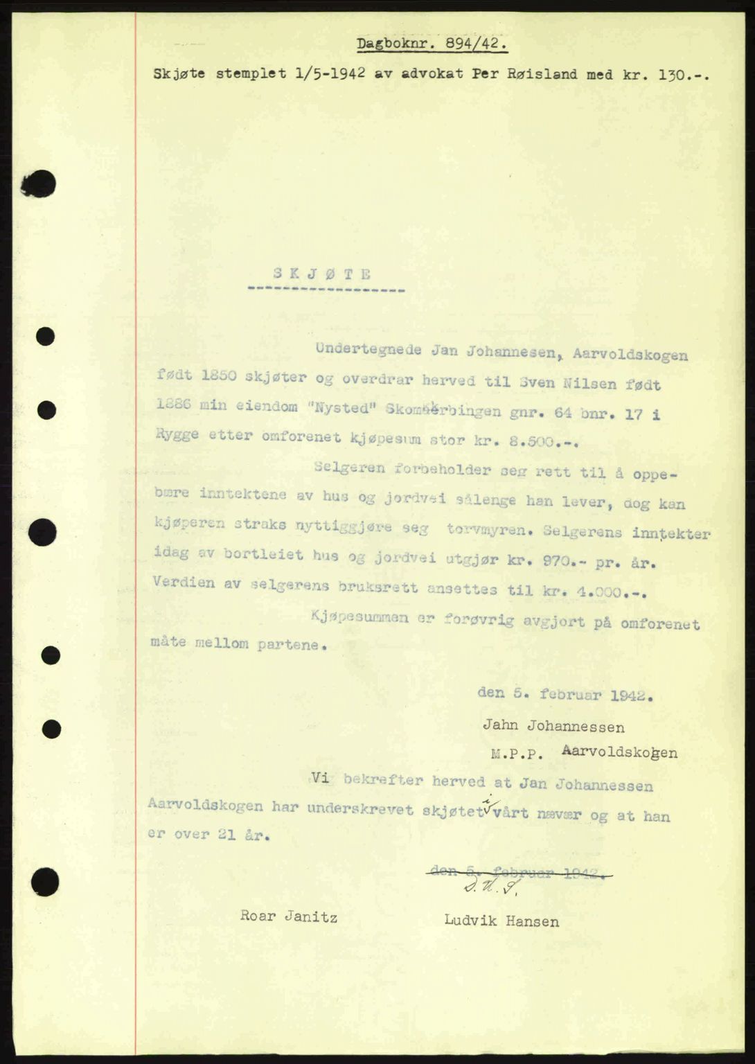 Moss sorenskriveri, SAO/A-10168: Mortgage book no. A9, 1941-1942, Diary no: : 894/1942