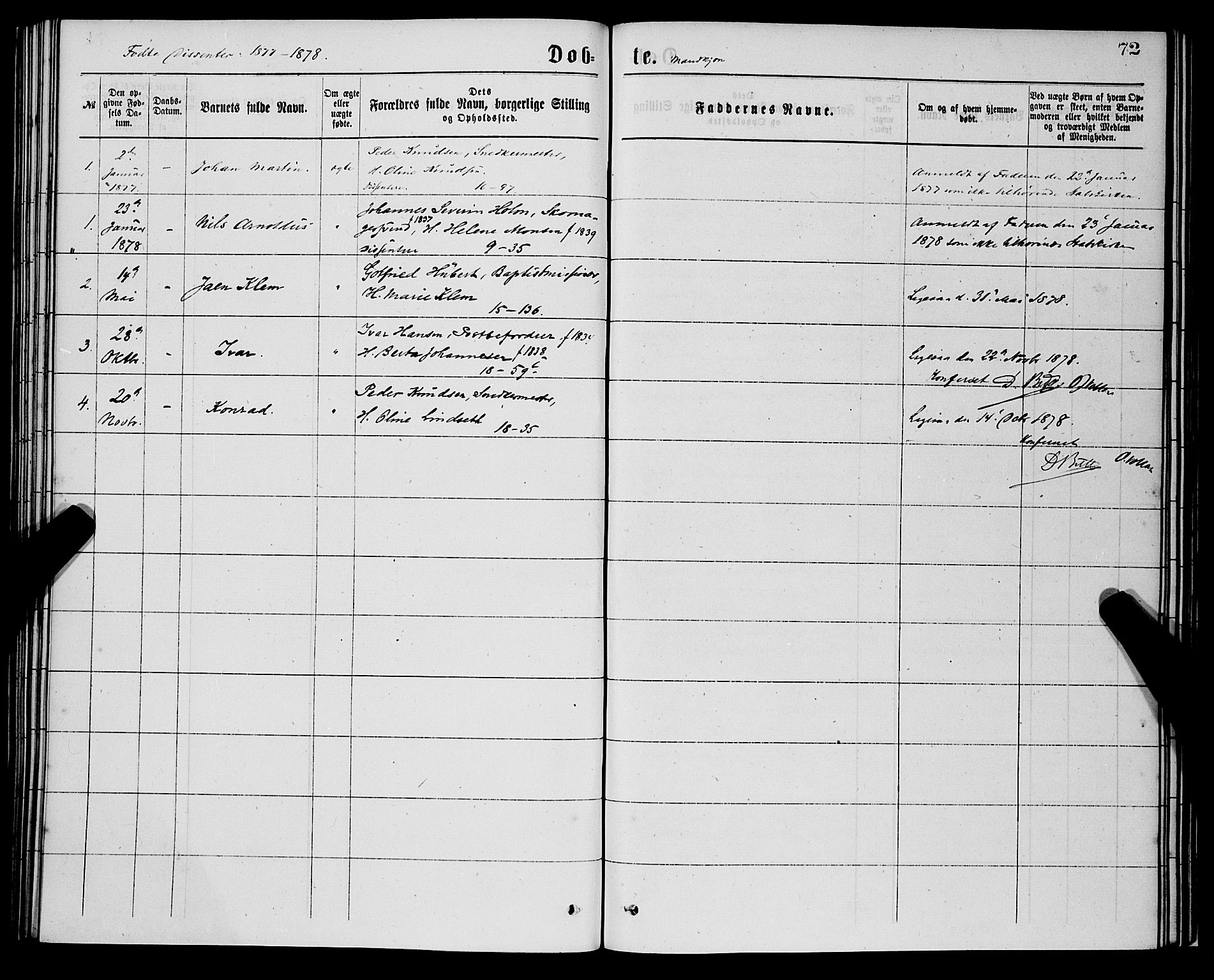 Domkirken sokneprestembete, SAB/A-74801/H/Hab/L0014: Parish register (copy) no. B 7, 1877-1878, p. 72