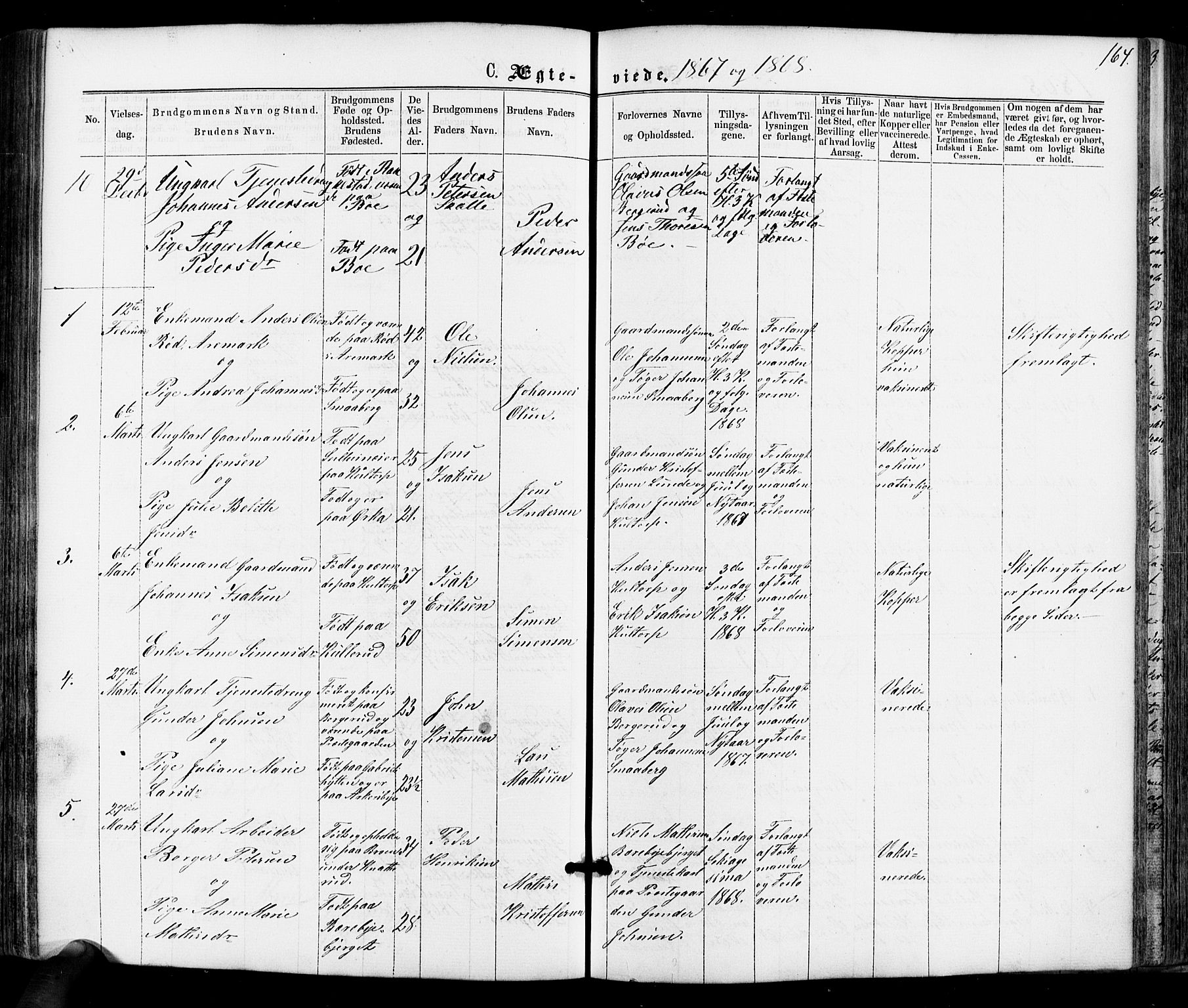 Varteig prestekontor Kirkebøker, SAO/A-10447a/F/Fa/L0001: Parish register (official) no. 1, 1861-1877, p. 164