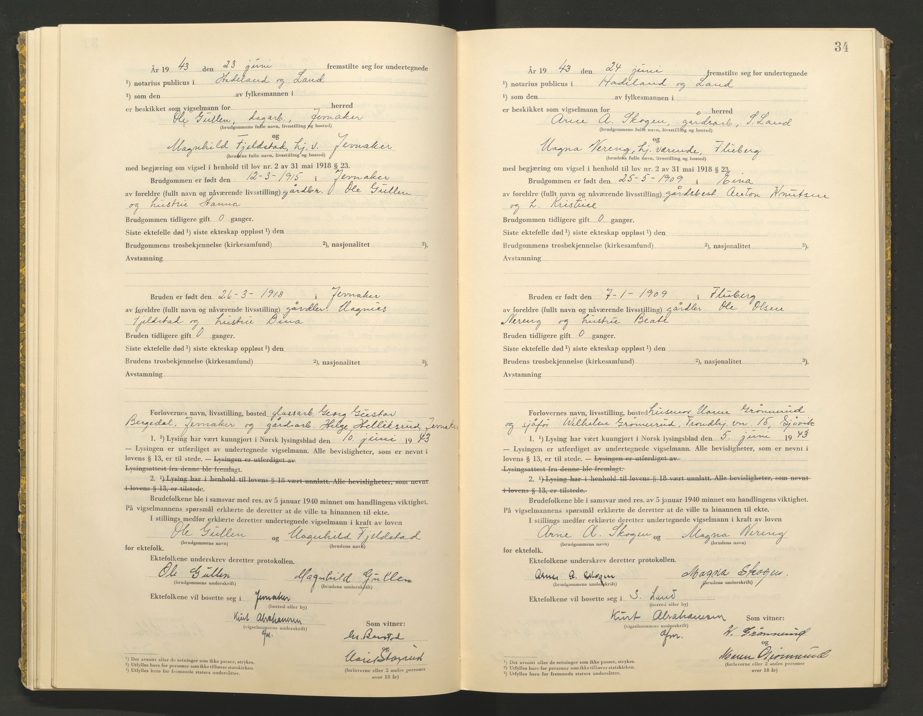Hadeland og Land tingrett, AV/SAH-TING-010/L/Lb/L0002: Vigselbok, 1943-1944, p. 34