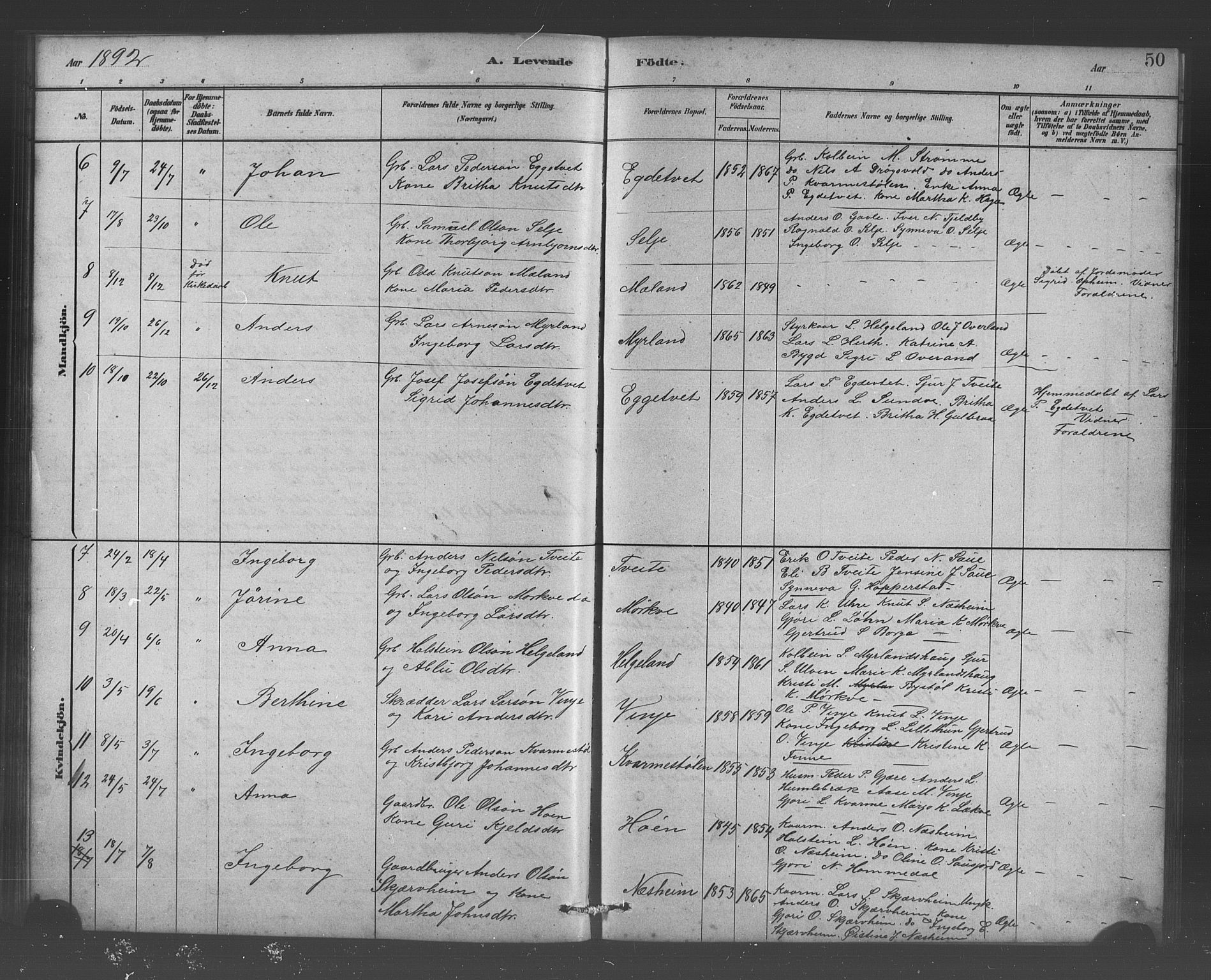 Vossestrand Sokneprestembete, SAB/A-79101/H/Hab: Parish register (copy) no. B 3, 1880-1907, p. 50