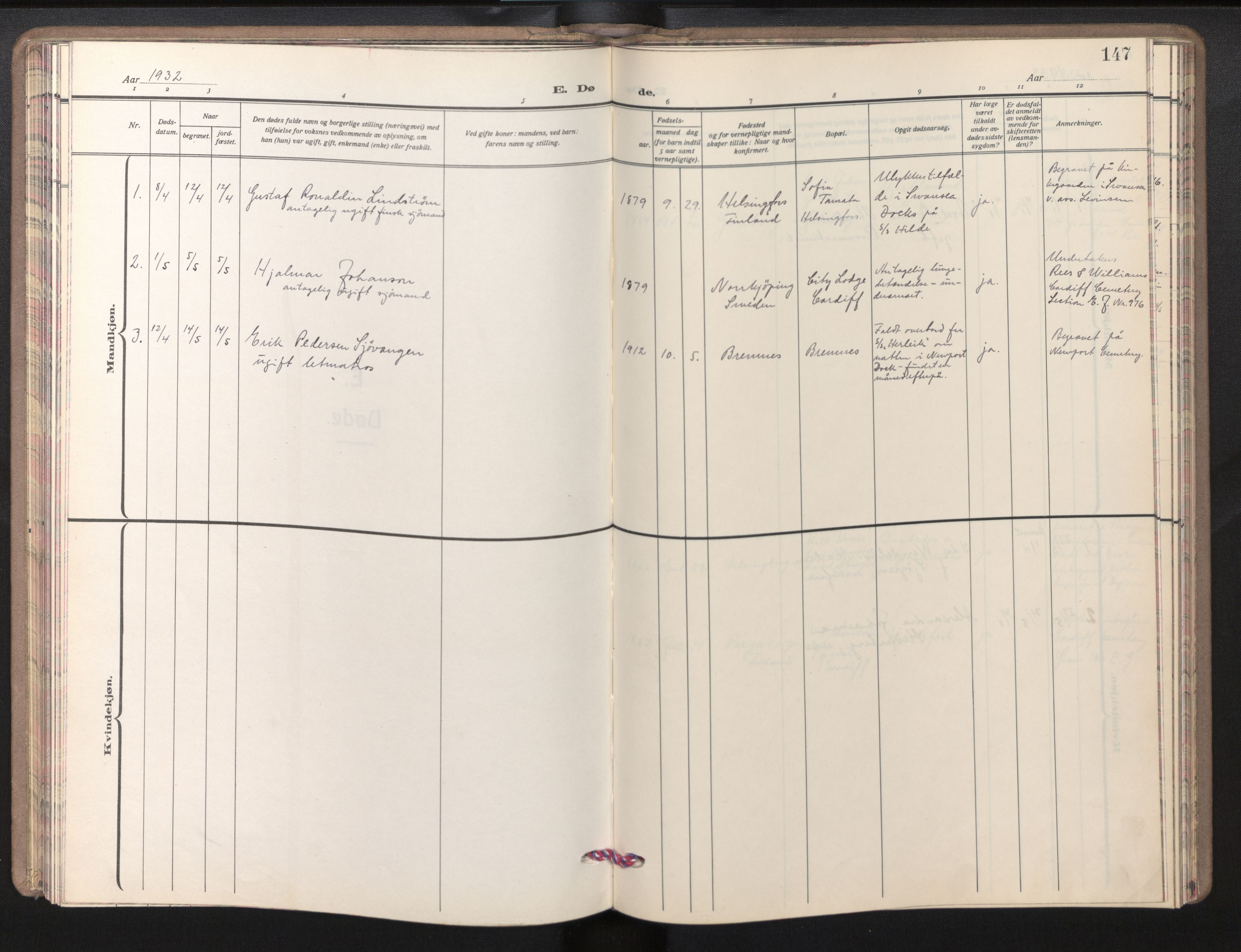 Den norske sjømannsmisjon i utlandet/Bristolhavnene(Cardiff-Swansea), SAB/SAB/PA-0102/H/Ha/Haa/L0003: Parish register (official) no. A 3, 1932-1966, p. 146b-147a