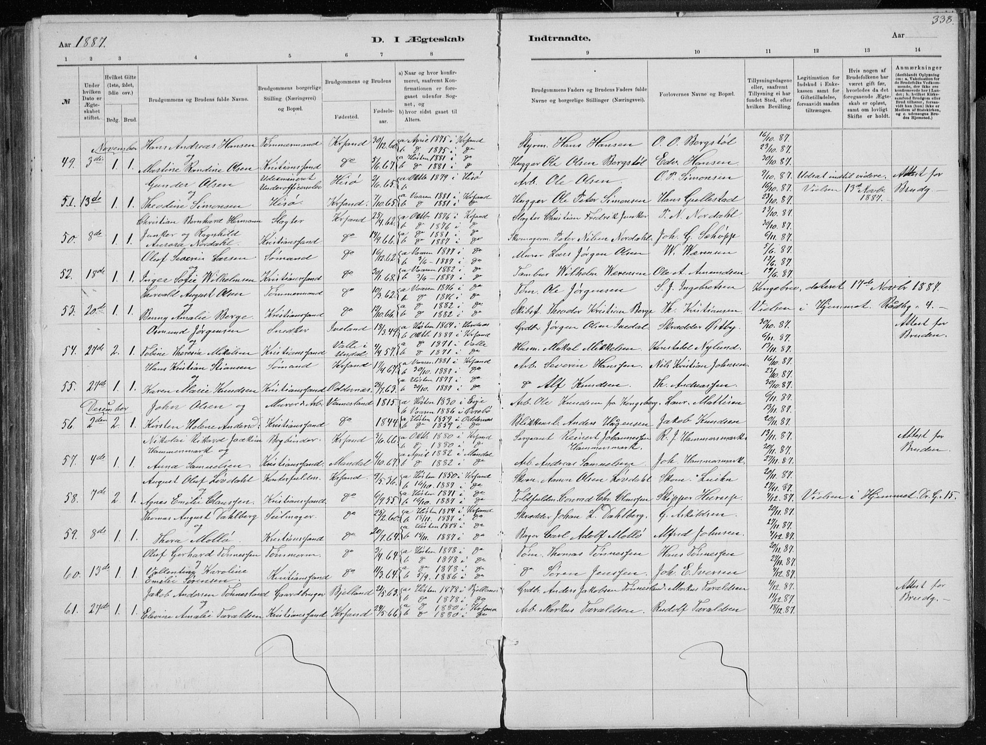 Kristiansand domprosti, AV/SAK-1112-0006/F/Fb/L0014: Parish register (copy) no. B 14, 1881-1896, p. 338