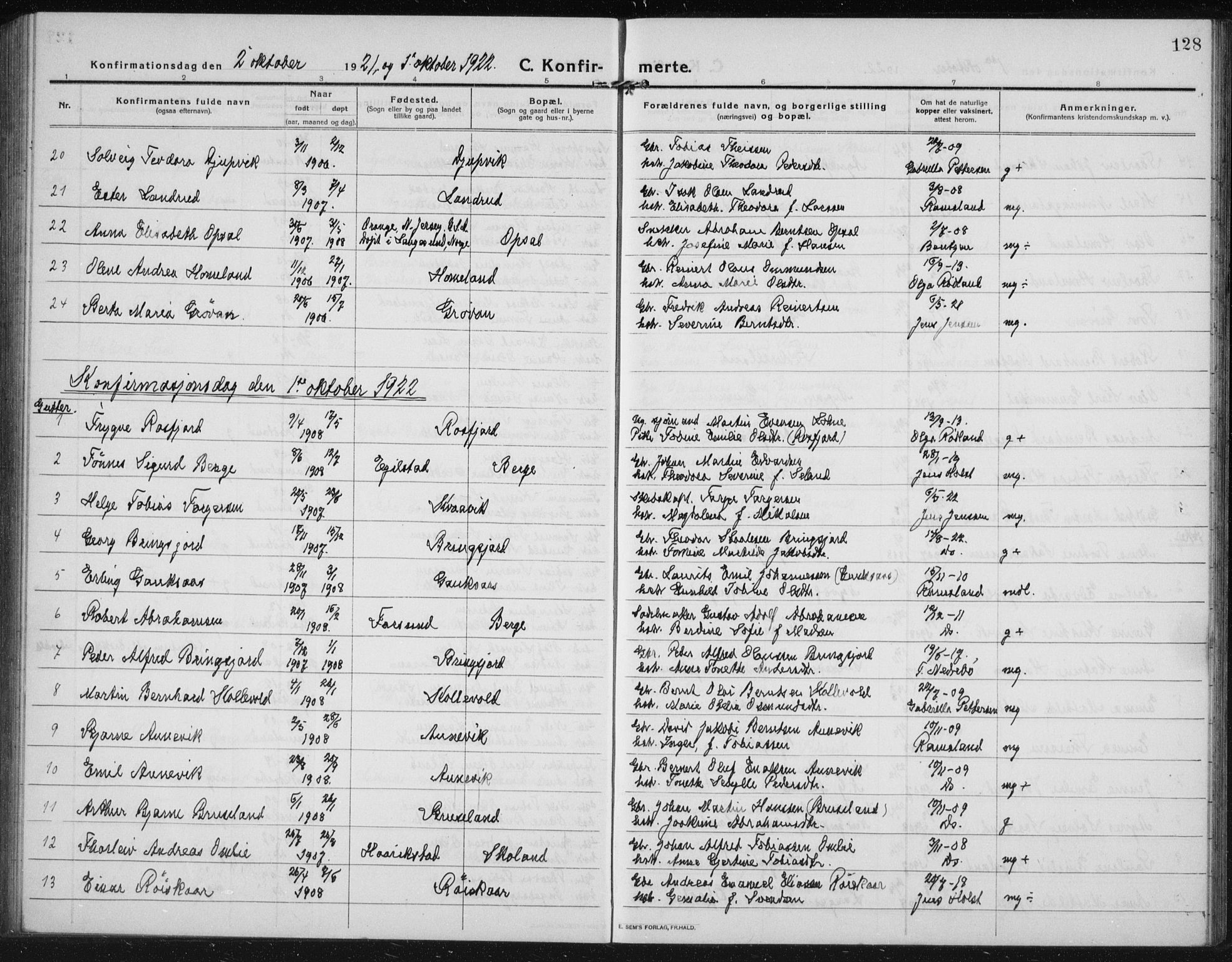 Lyngdal sokneprestkontor, AV/SAK-1111-0029/F/Fb/Fbc/L0006: Parish register (copy) no. B 6, 1914-1934, p. 128