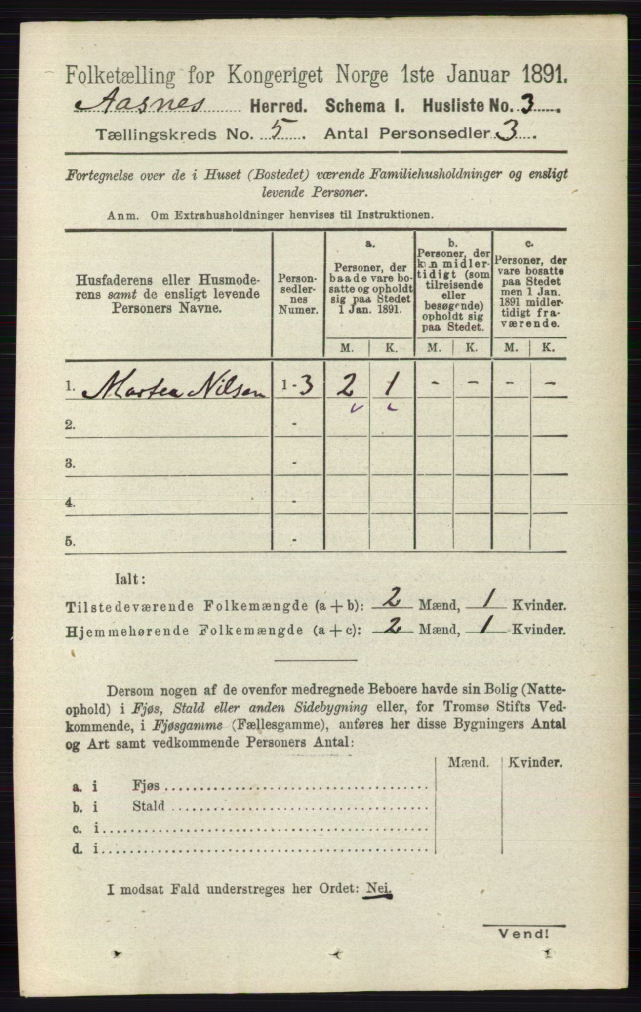 RA, 1891 census for 0425 Åsnes, 1891, p. 2377