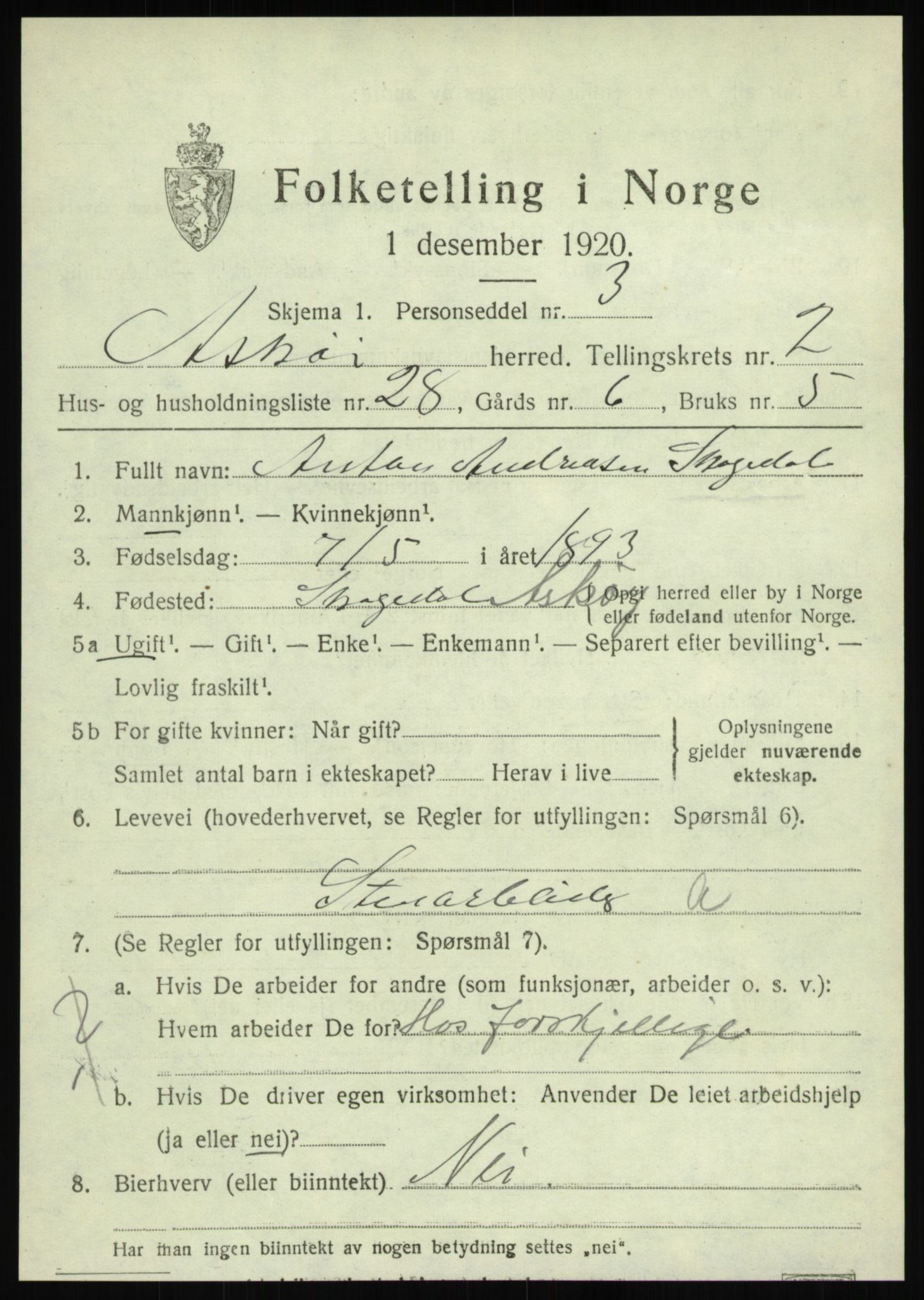 SAB, 1920 census for Askøy, 1920, p. 4896