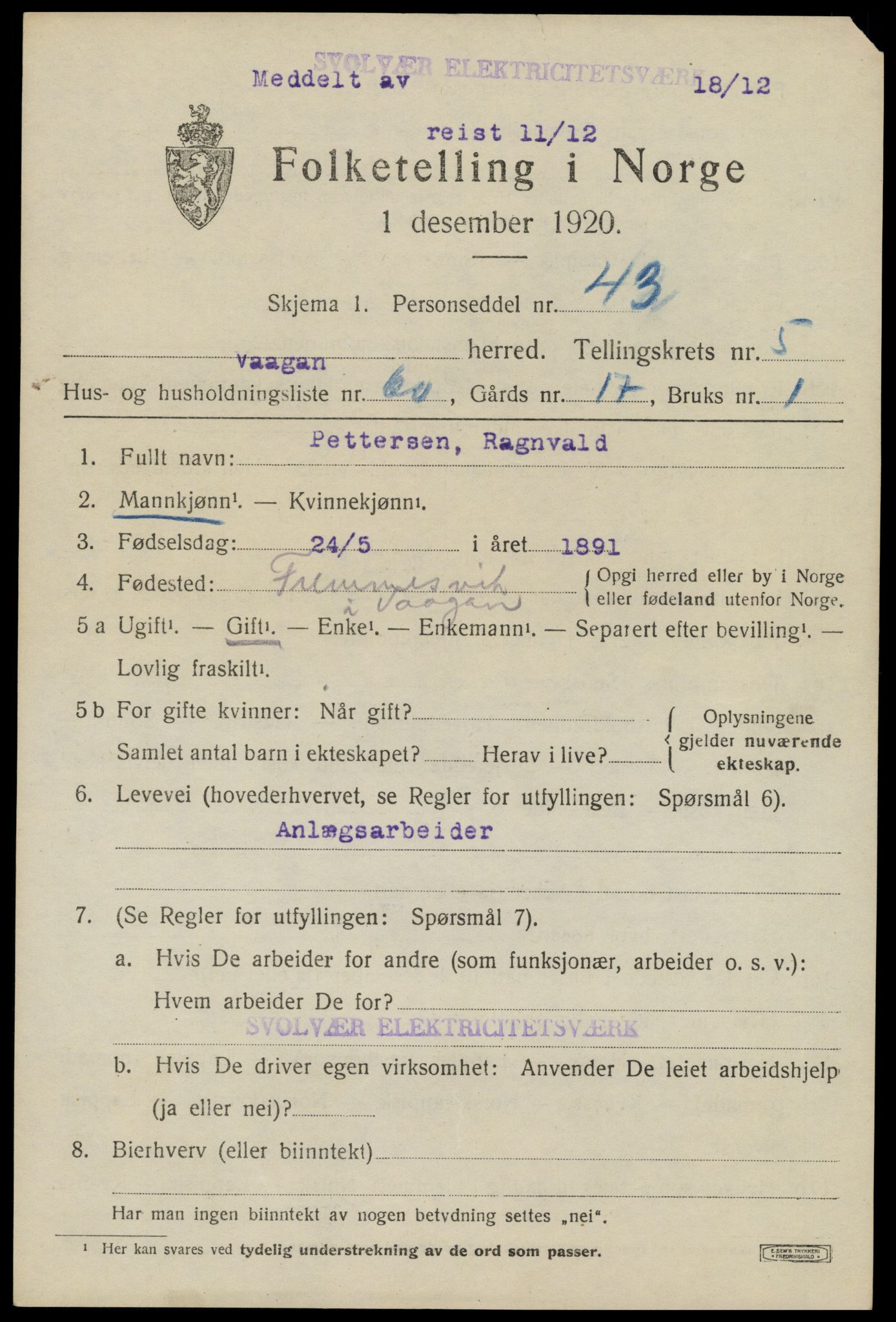 SAT, 1920 census for Vågan, 1920, p. 6125